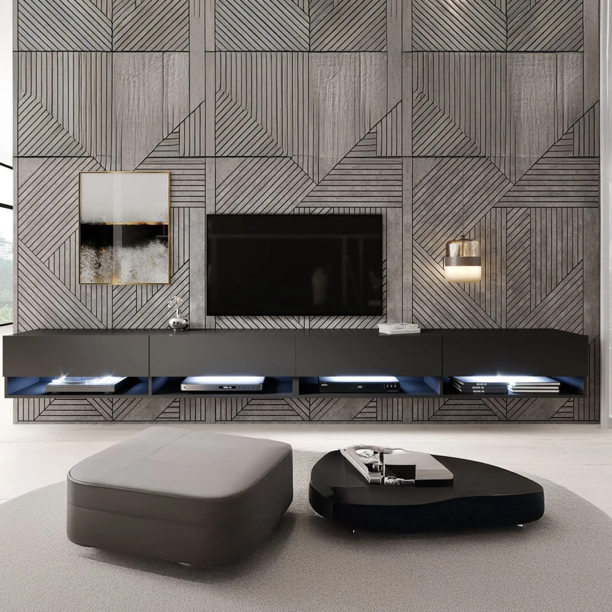 Asino - TV-Meubel met verlichting - Mat zwart - 280 cm