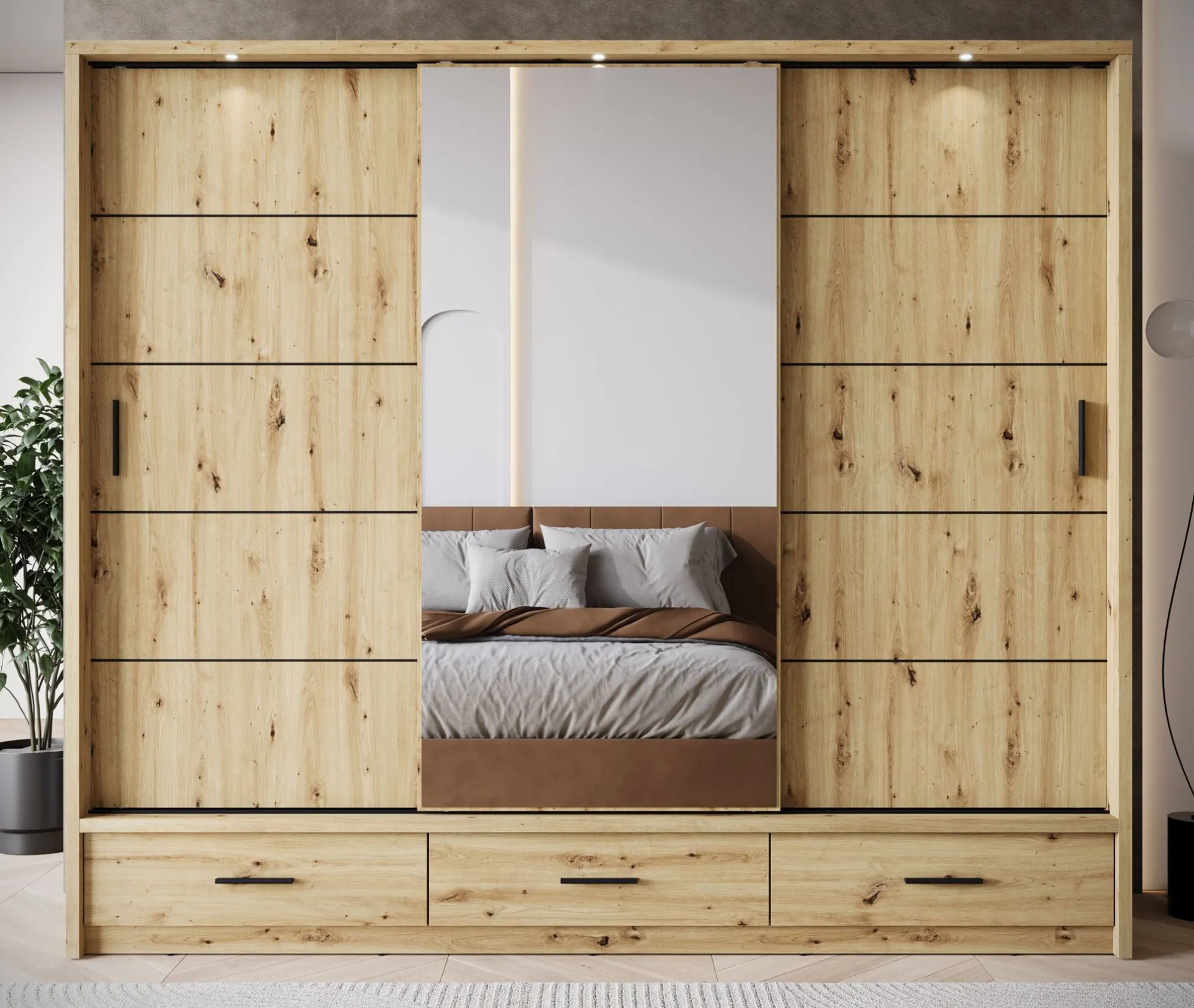 Autumn - Kledingkast met 3 schuifdeuren - Eiken - 250x63x215 cm