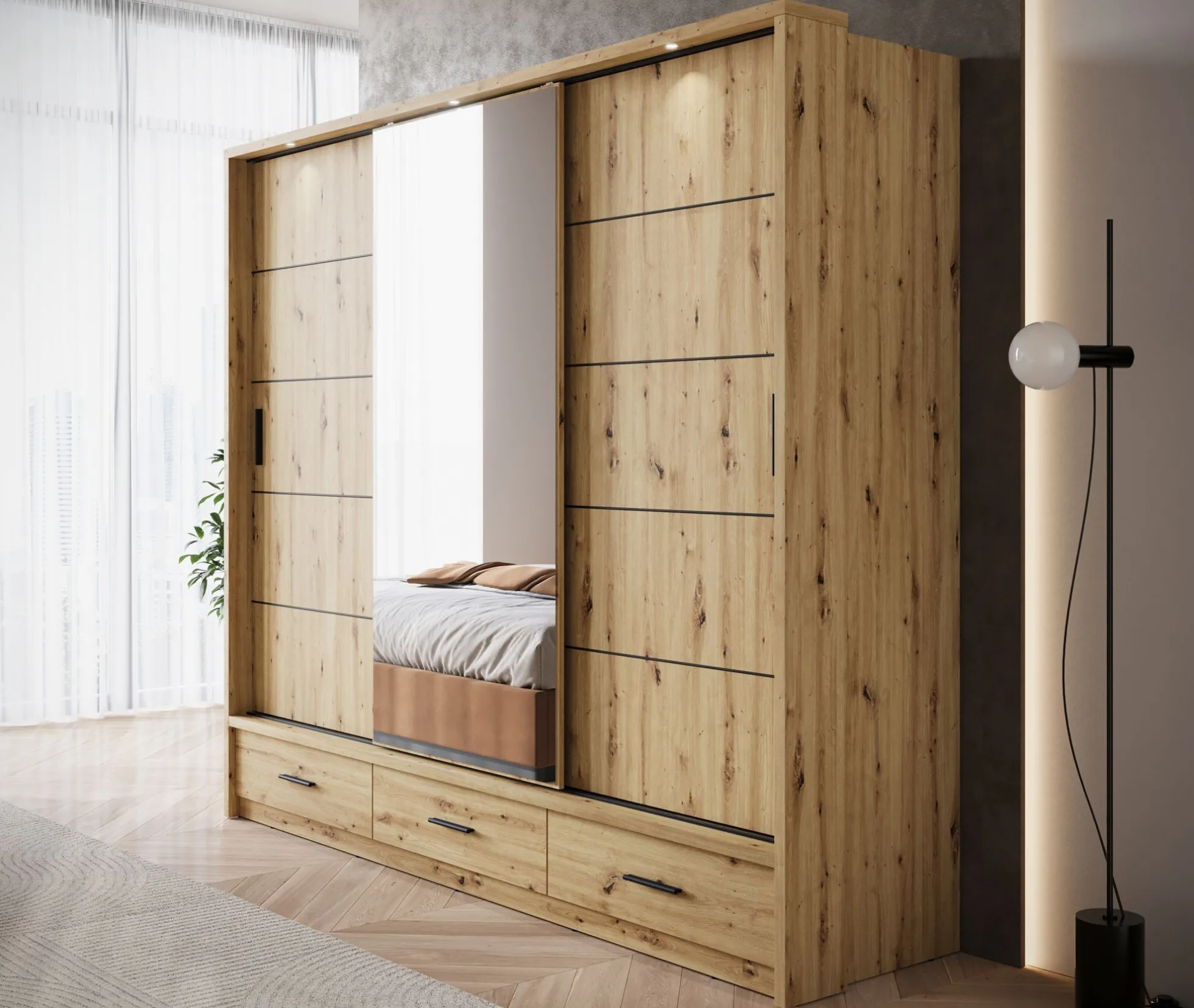 Autumn - Kledingkast met 3 schuifdeuren - Eiken - 250x63x215 cm