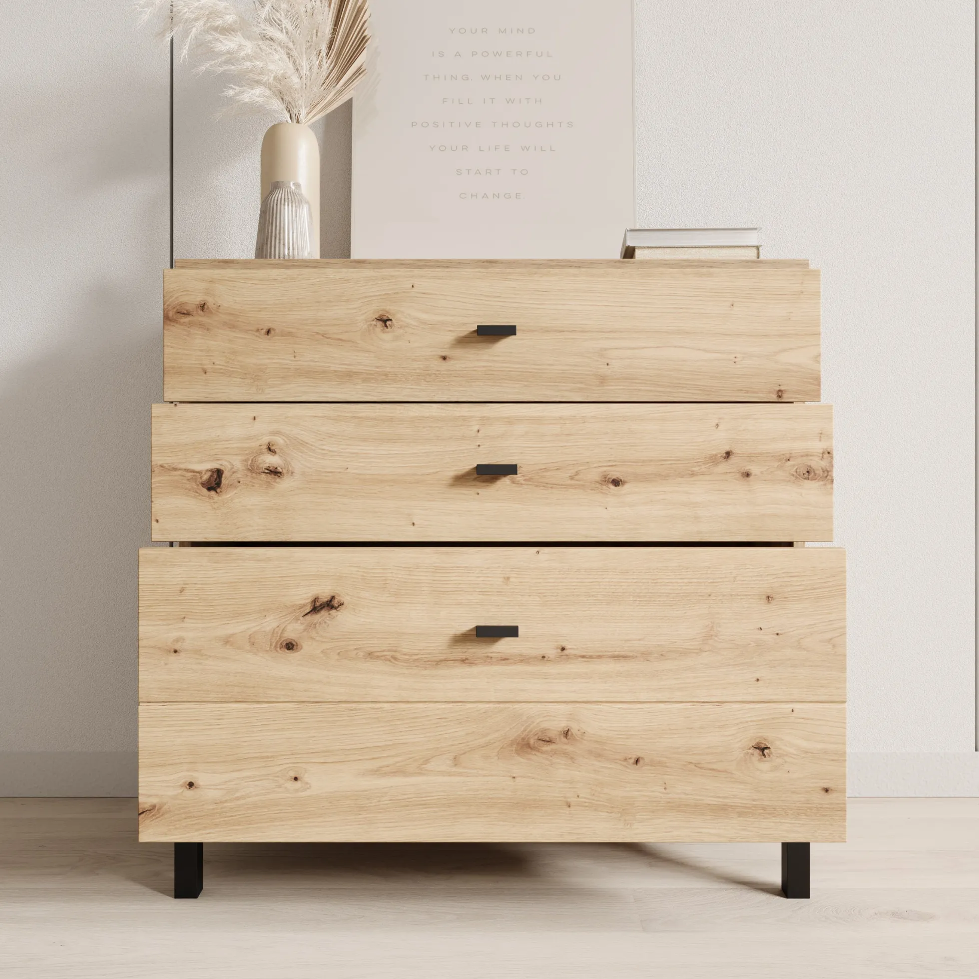 Avellio - Ladekast met 3 lades - Eikenpatroon - 77x35x78 cm