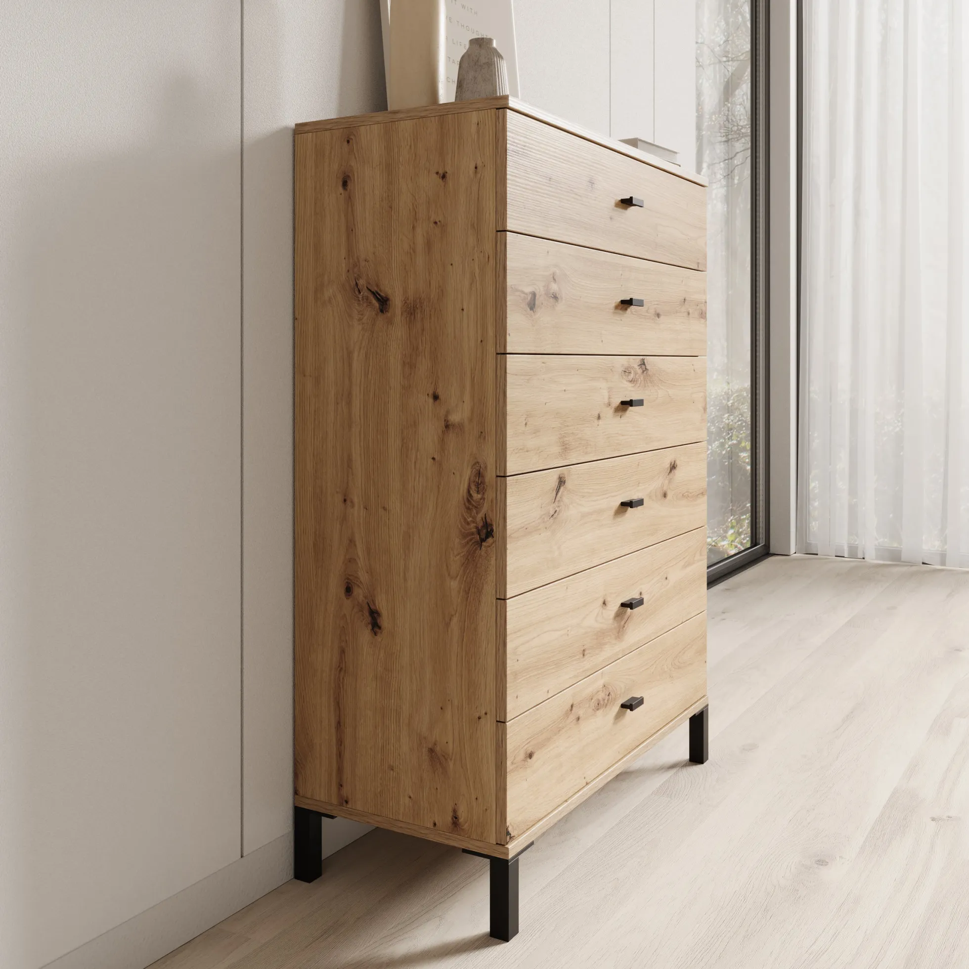 Avellio - Ladekast met 6 lades - Eikenpatroon - 77x35x110 cm