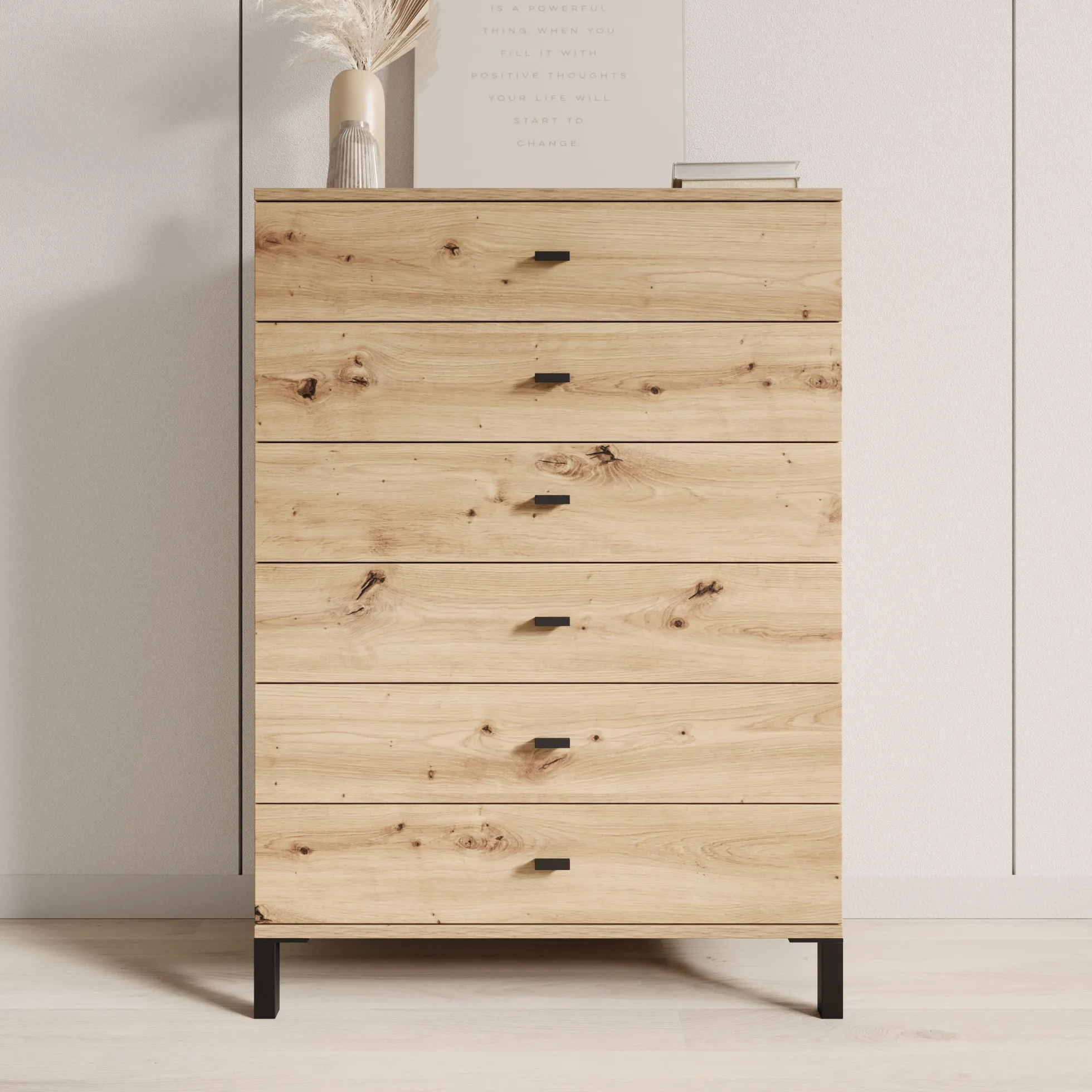 Avellio - Ladekast met 6 lades - Eikenpatroon - 77x35x110 cm