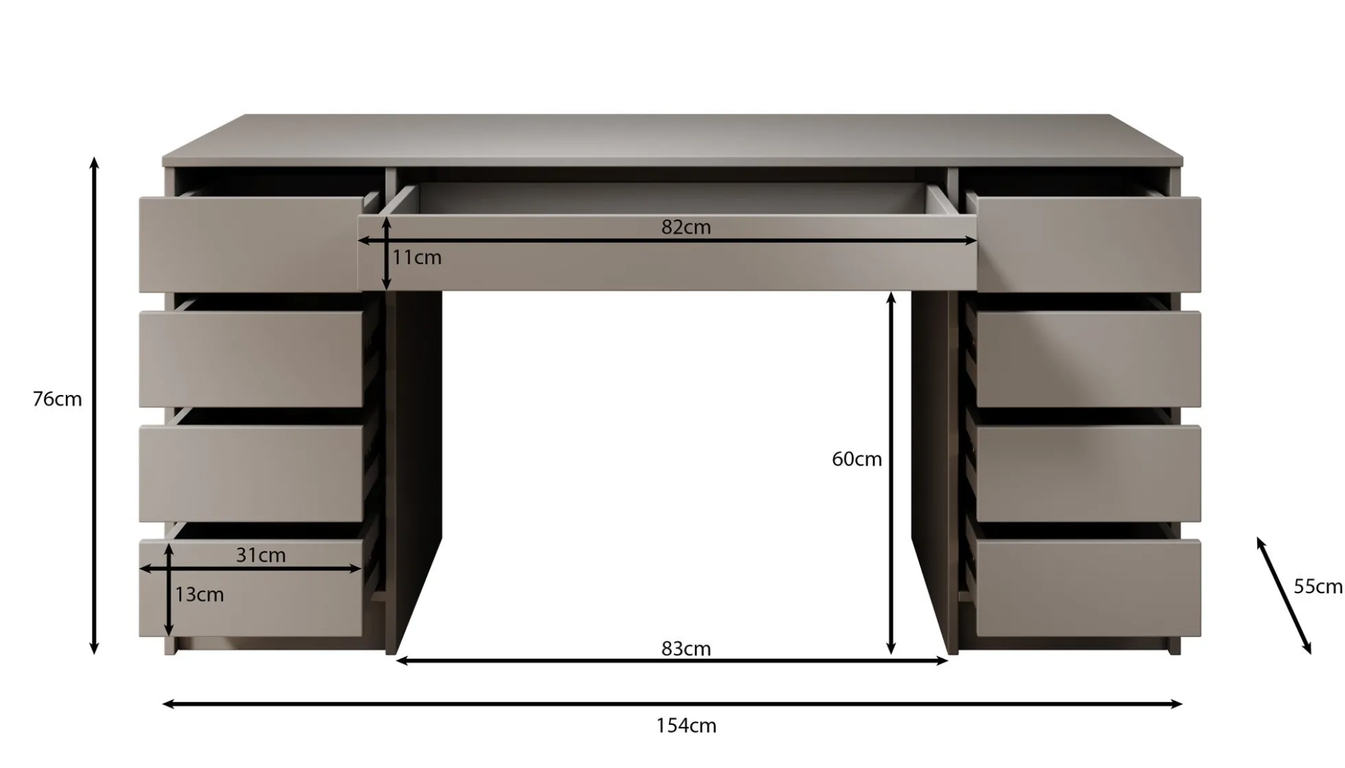 Avio 2 - Bureau - Zwart - 154x55 cm