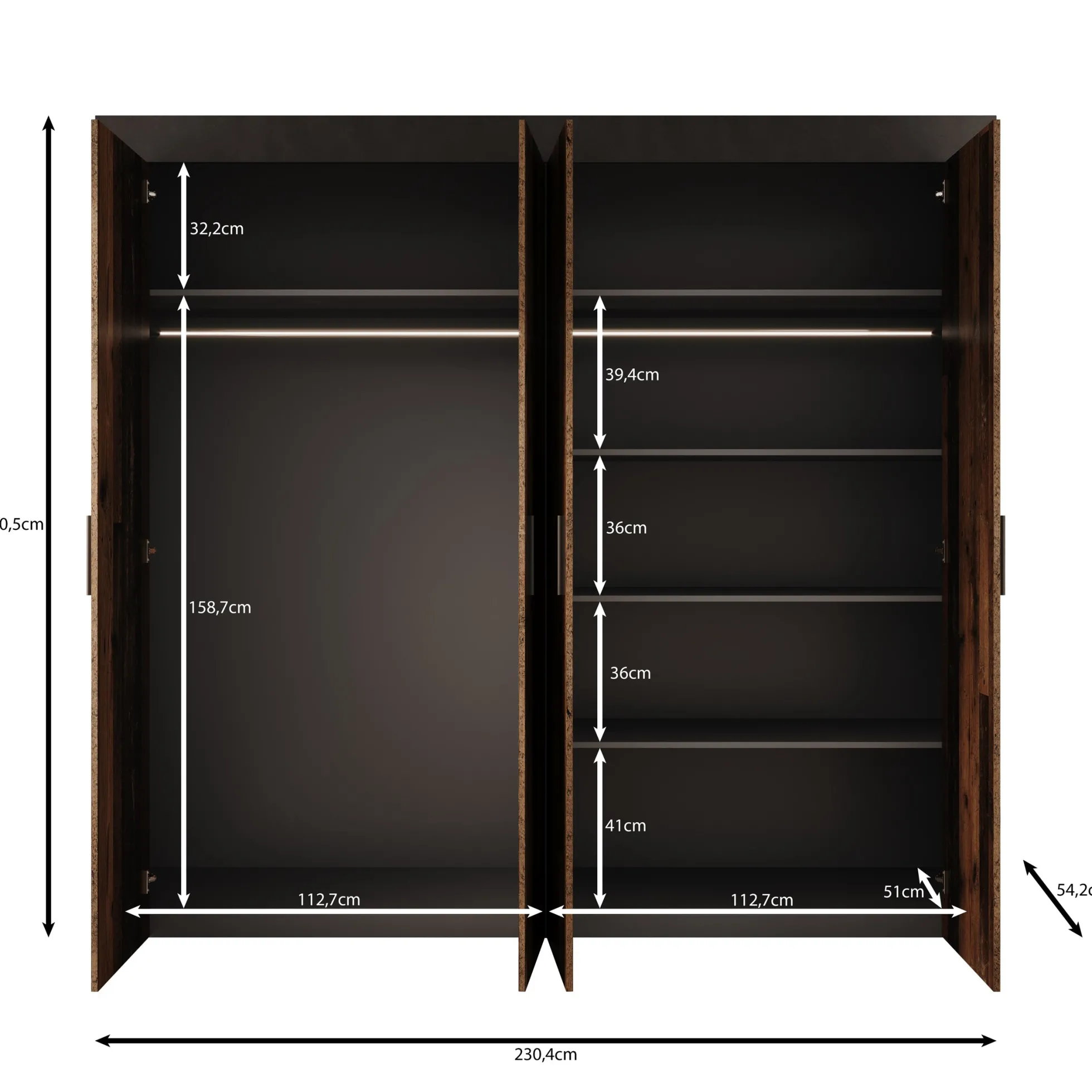 Azen - Kledingkast 4 deurs - Eikenpatroon - 230x54x211 cm