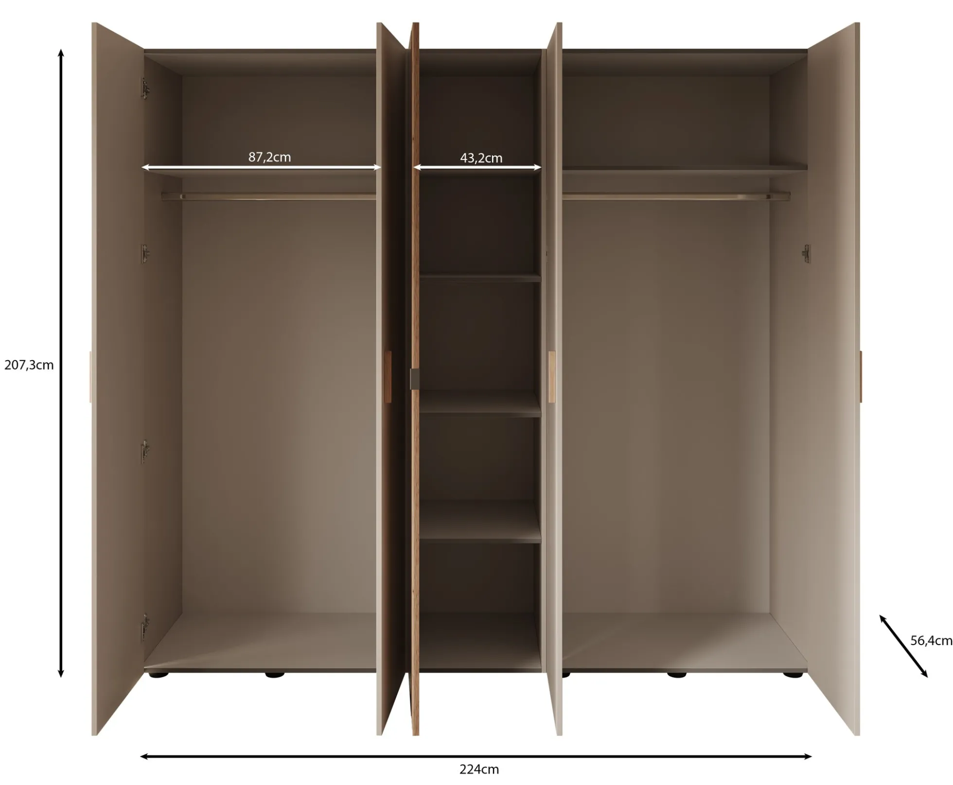 Bahia - Kledingkast 5-deurs - Beige - 224x56x207 cm