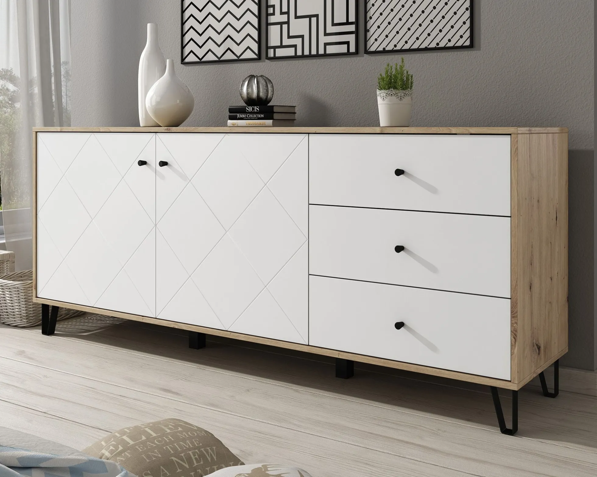 Barlo - Dressoir - Wit/eiken - 183x40x75 cm