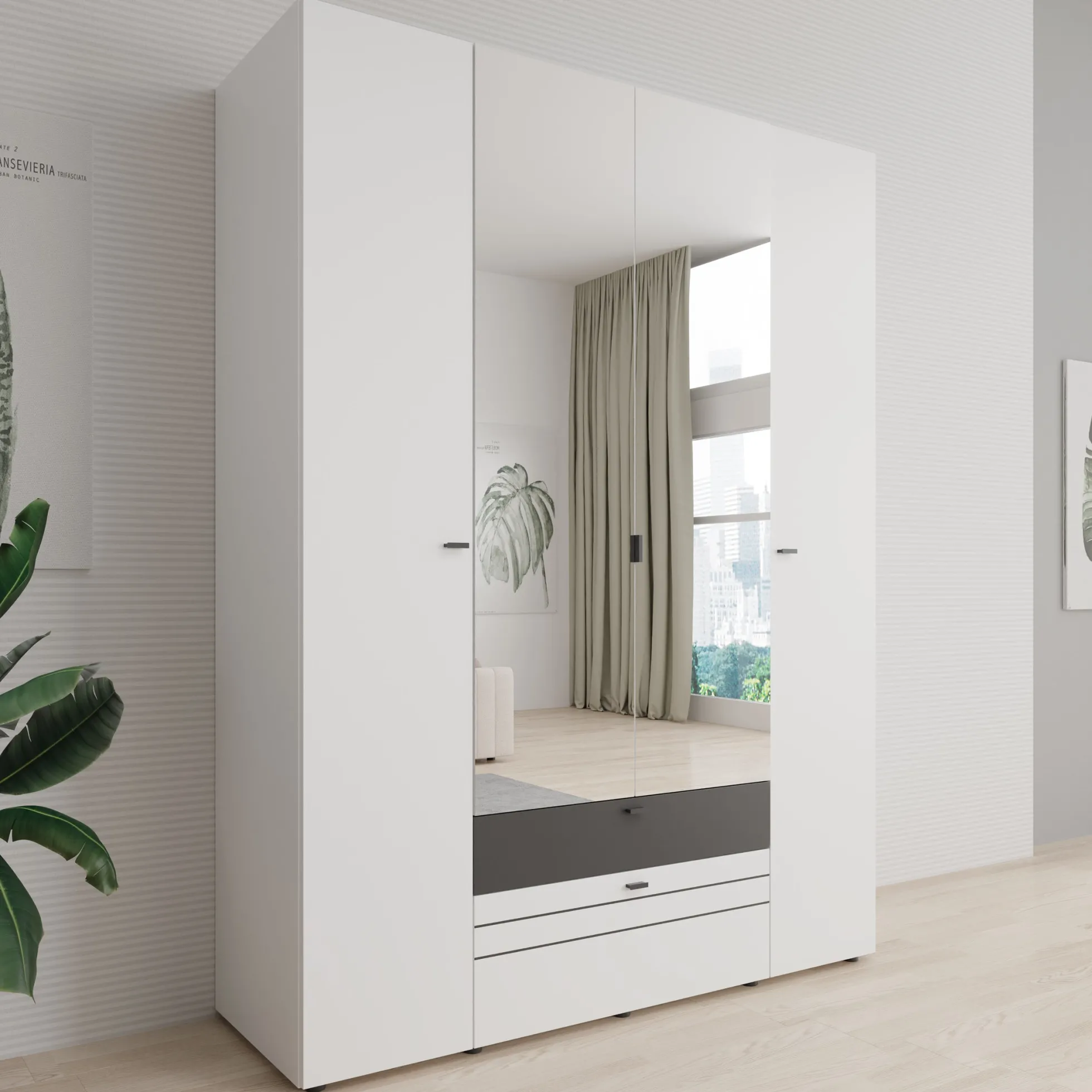 Basmira - Kledingkast met 4 deuren - Wit - 155x52x208 cm