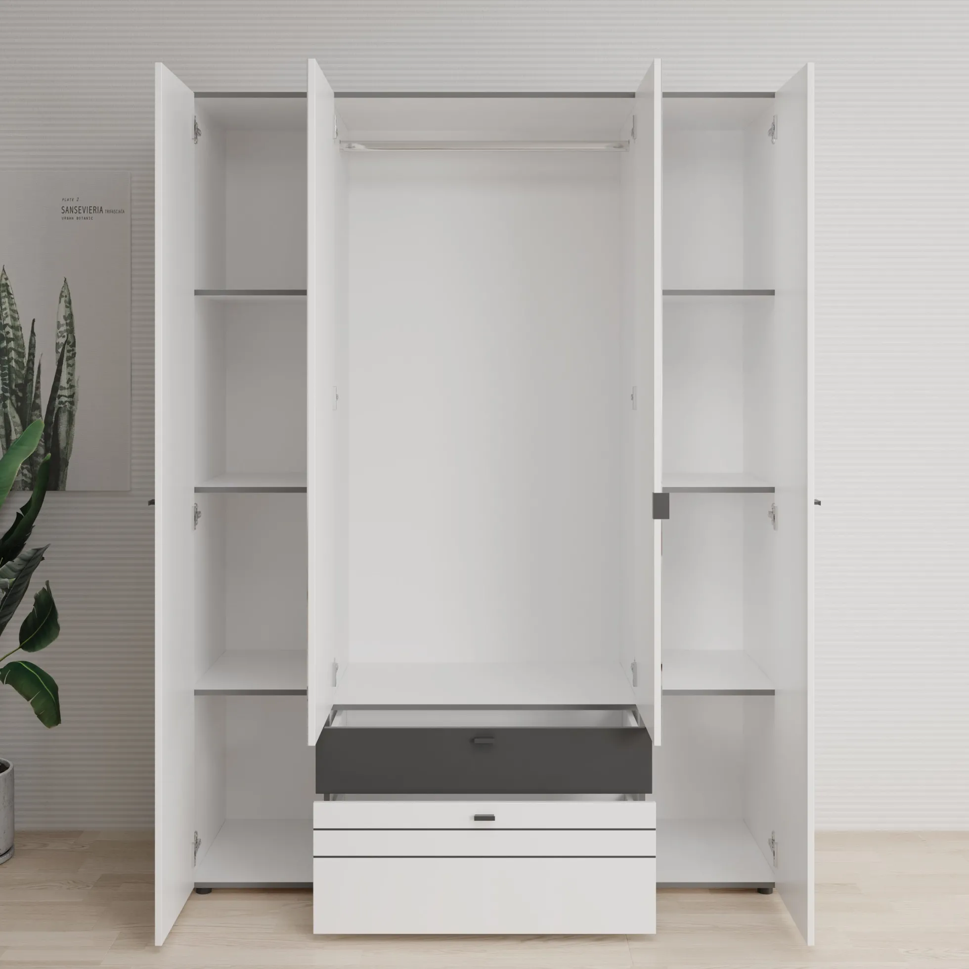Basmira - Kledingkast met 4 deuren - Wit - 155x52x208 cm
