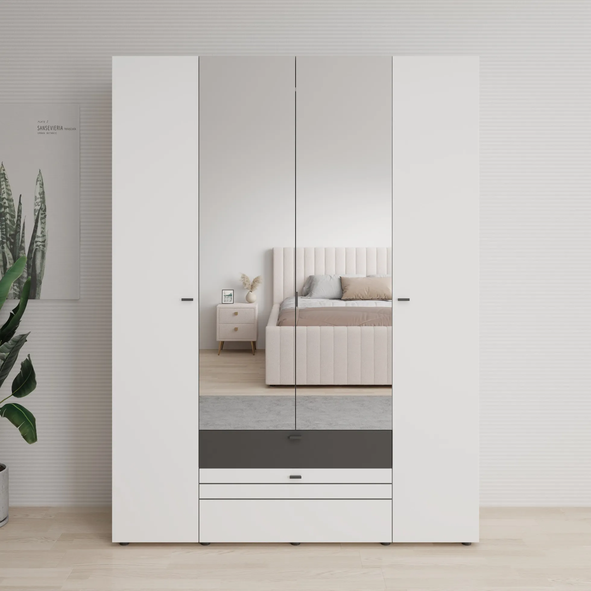 Basmira - Kledingkast met 4 deuren - Wit - 155x52x208 cm