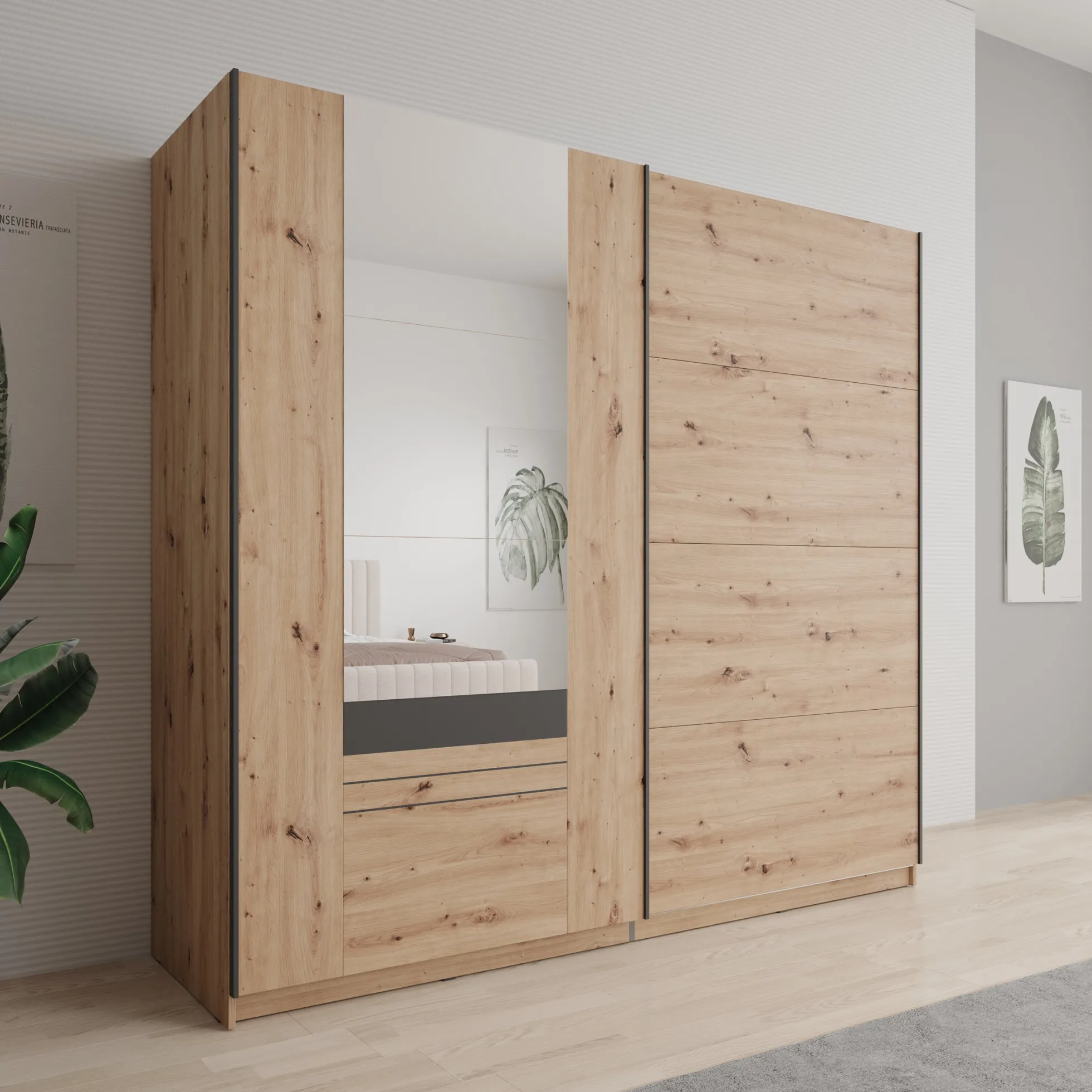 Basmira - Kledingkast met schuifdeuren - Eikenpatroon - 220x62x205 cm