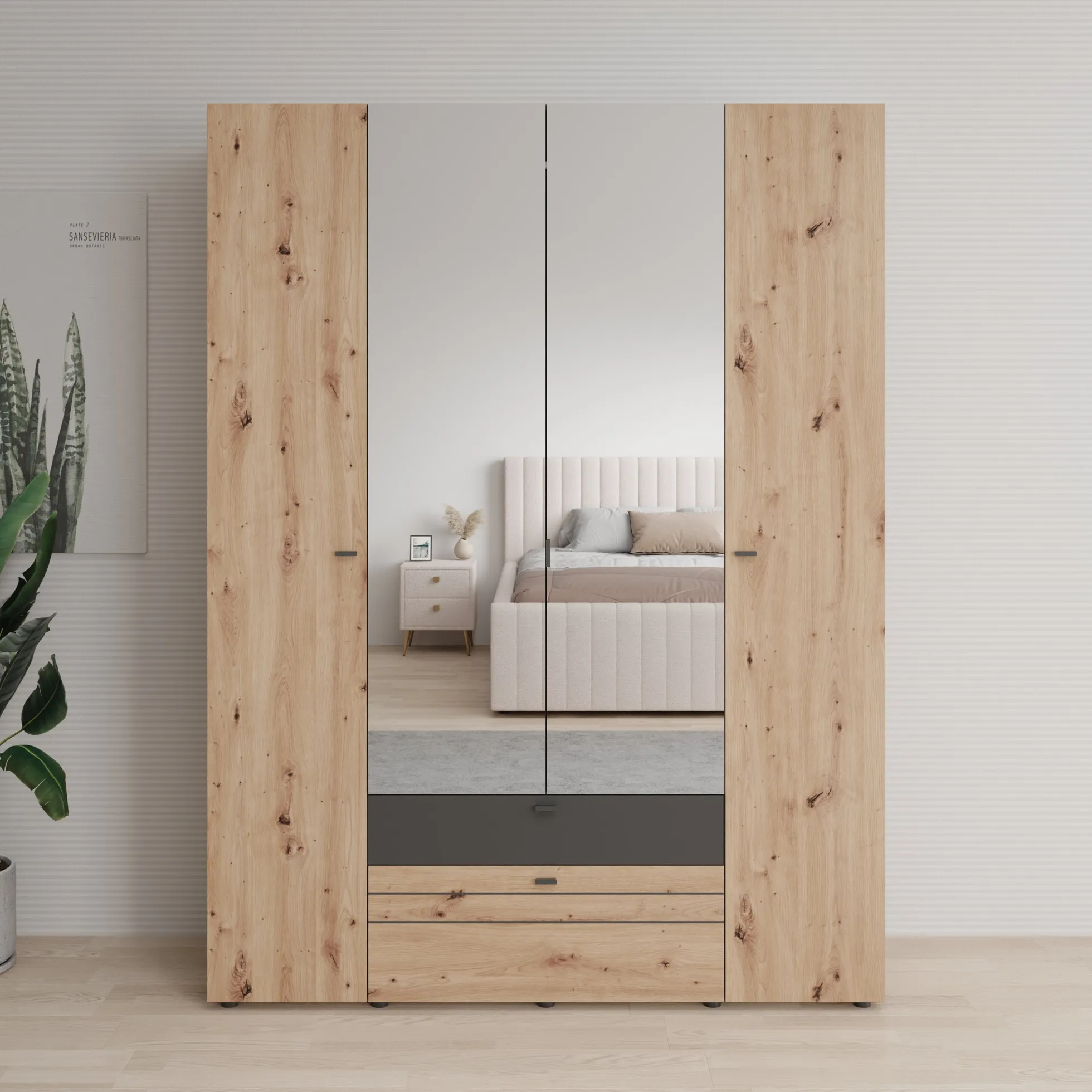 Basmira - Kledingkast met 4 deuren - Eikenpatroon - 155x52x208 cm