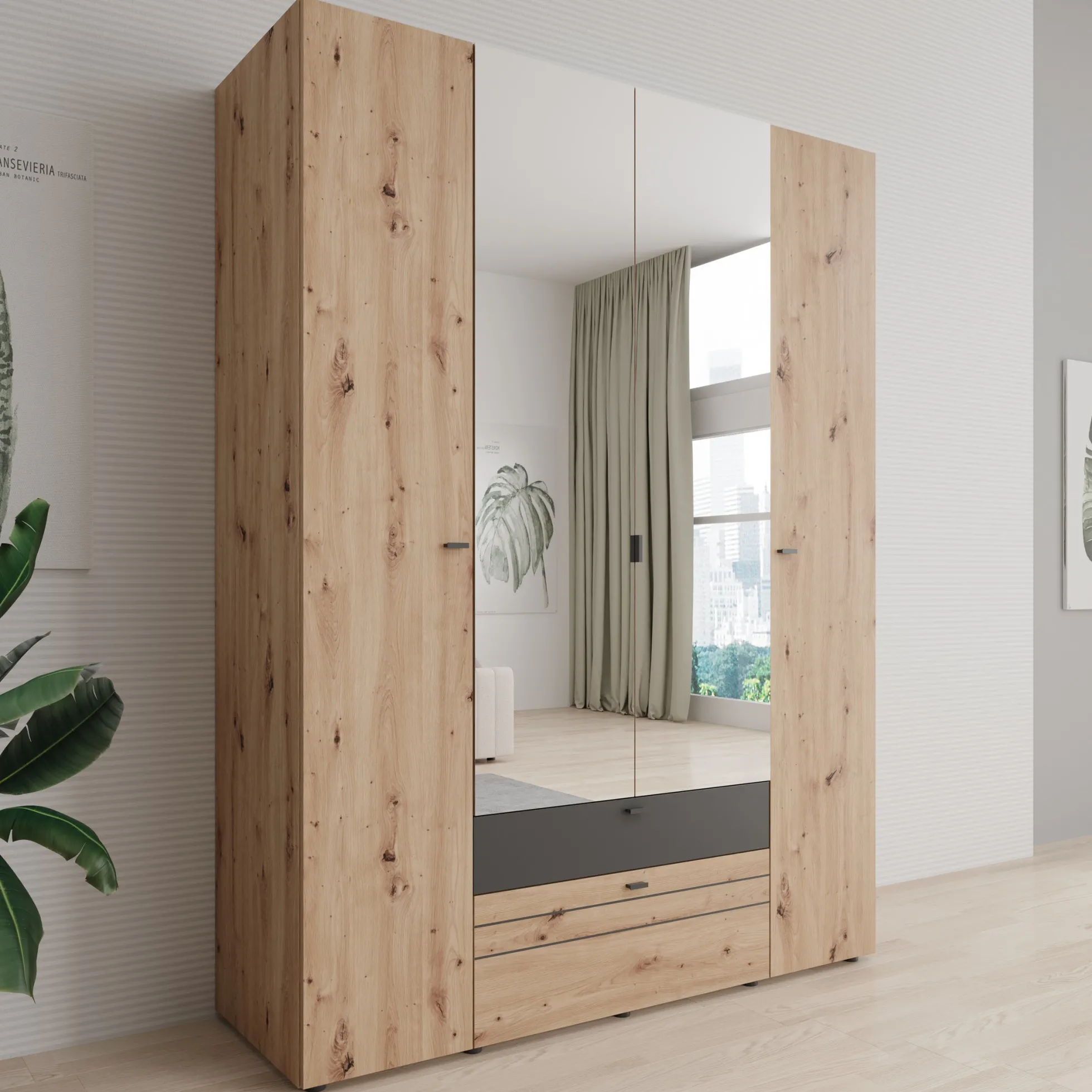 Basmira - Kledingkast met 4 deuren - Eikenpatroon - 155x52x208 cm
