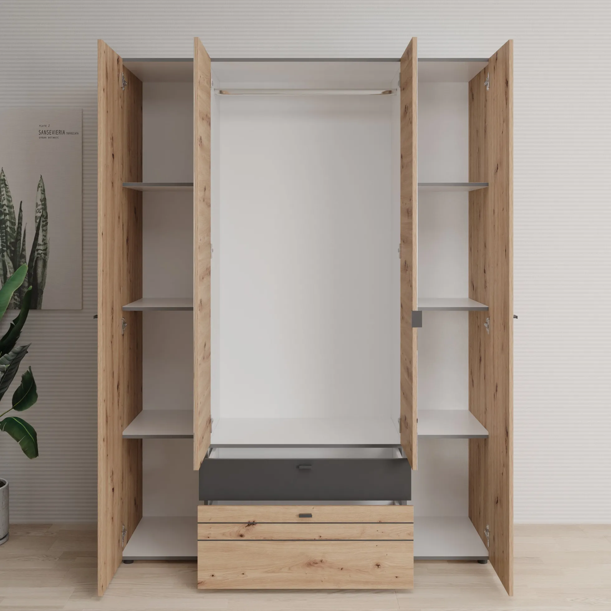 Basmira - Kledingkast met 4 deuren - Eikenpatroon - 155x52x208 cm