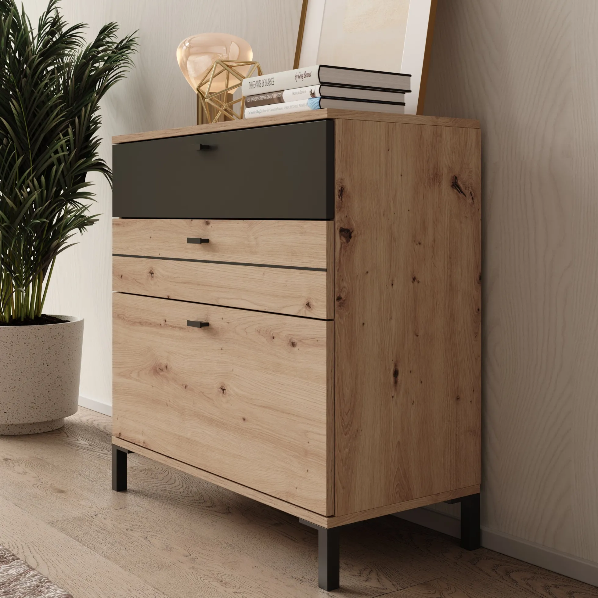 Basmira - Ladekast met 3 lades - Eikenpatroon - 77x35x78 cm