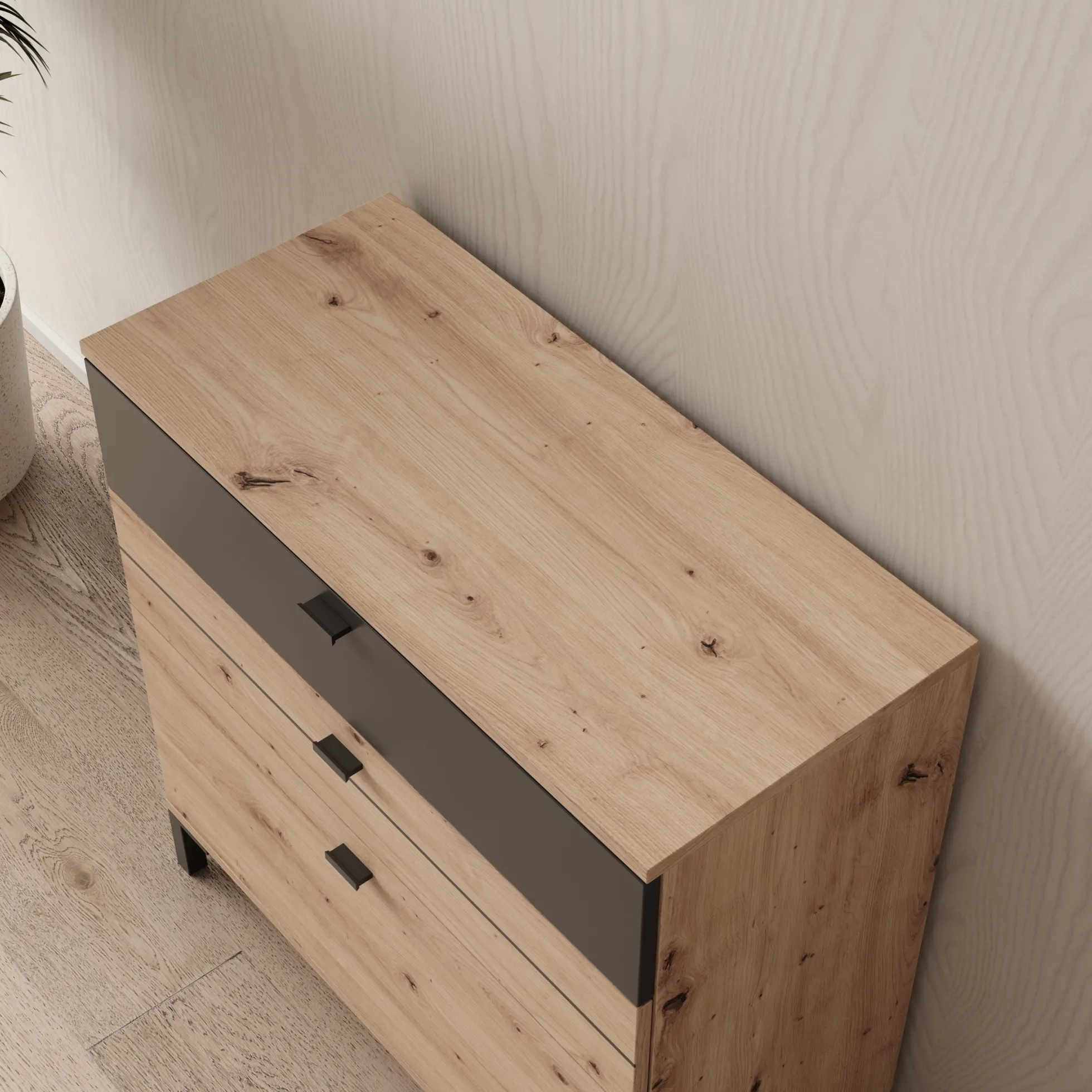 Basmira - Ladekast met 3 lades - Eikenpatroon - 77x35x78 cm