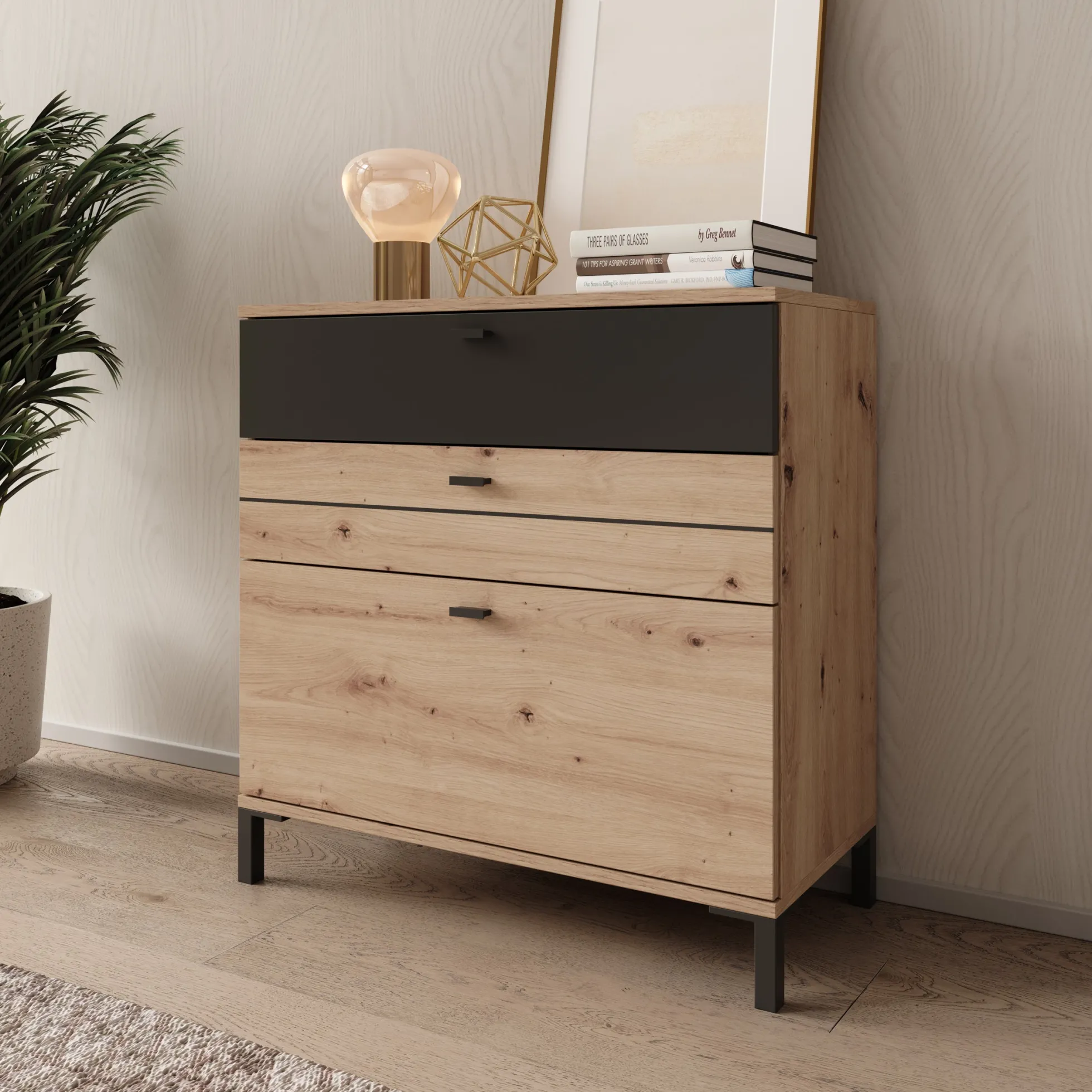 Basmira - Ladekast met 3 lades - Eikenpatroon - 77x35x78 cm