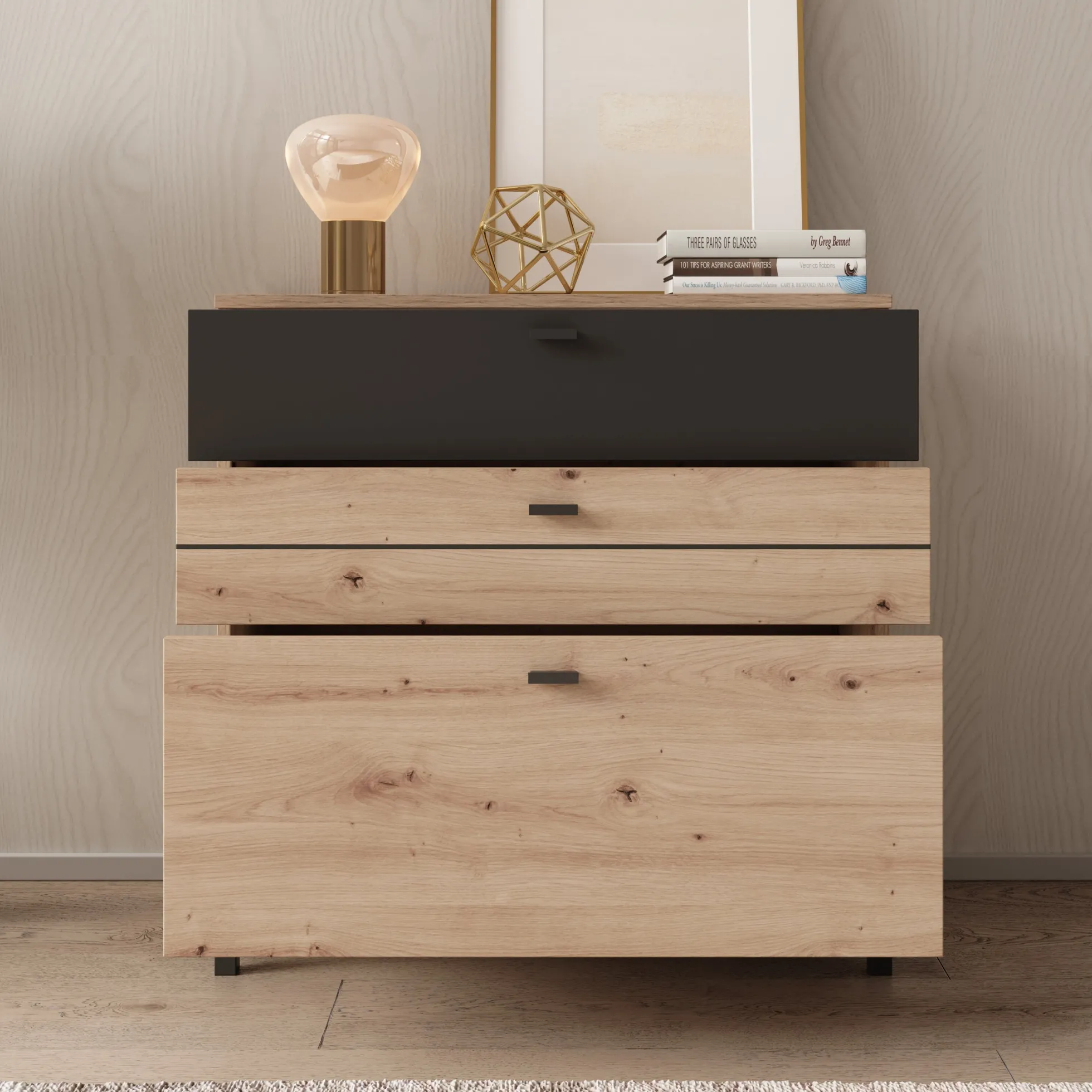 Basmira - Ladekast met 3 lades - Eikenpatroon - 77x35x78 cm