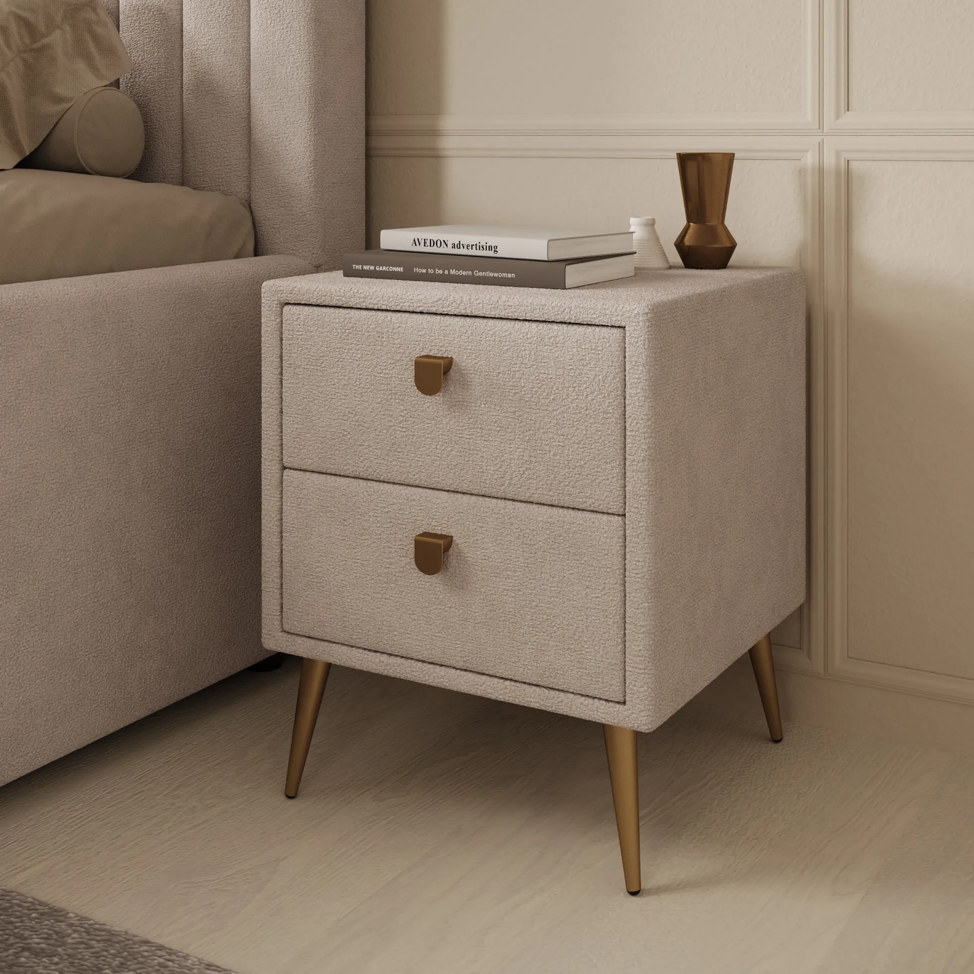 Bavira - Nachtkastje met lades - Stof beige - 41x41x54 cm