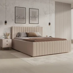 Bavira - Tweepersoonsbed met opbergruimte - Stof beige - 160x200 cm