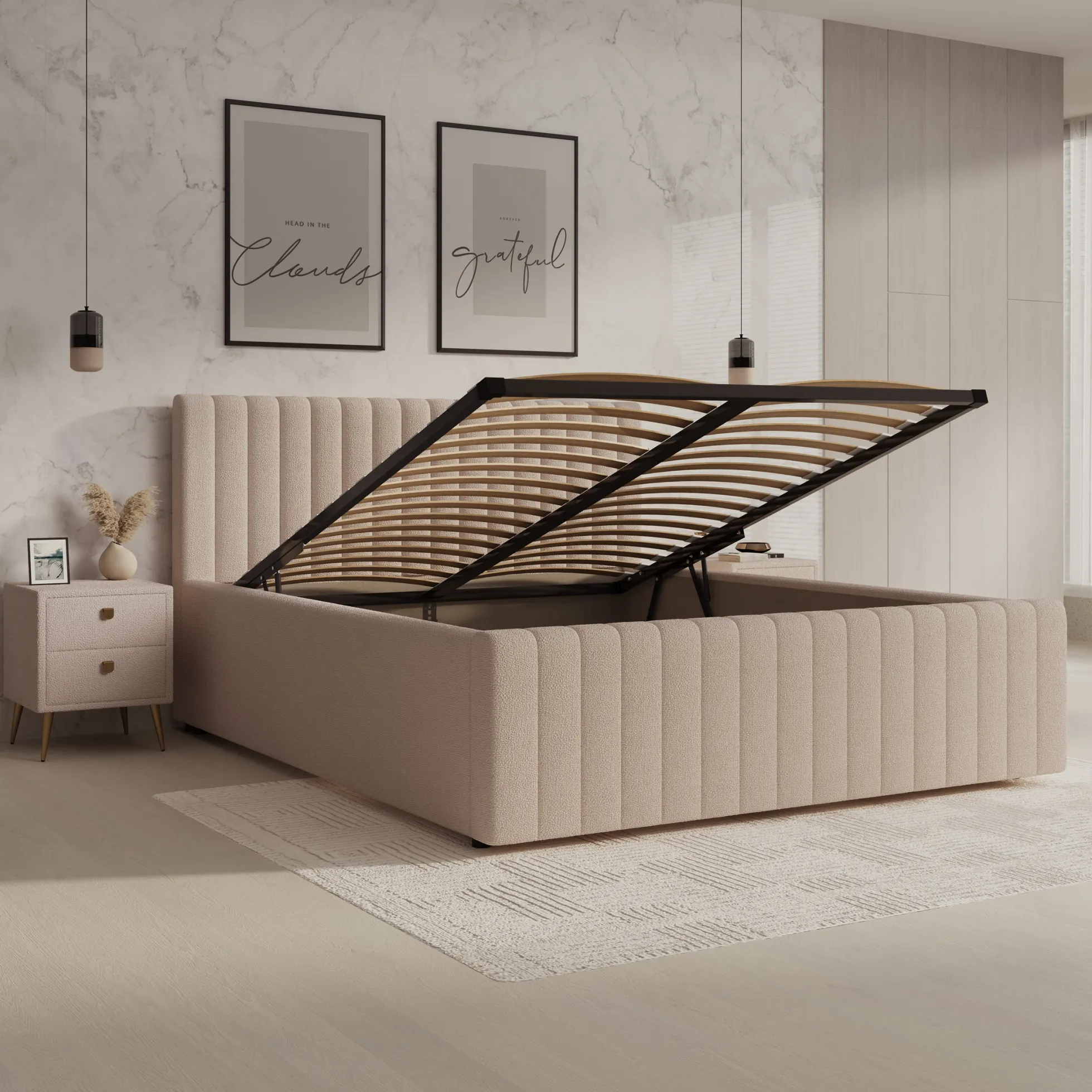 Bavira - Tweepersoonsbed met opbergruimte - Stof beige - 160x200 cm