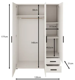 Bellini - Kledingkast 3-deurs - Wit - 120x51x177 cm