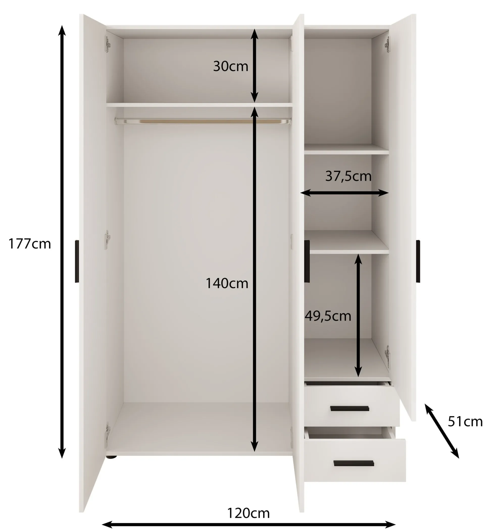 Bellini - Kledingkast 3-deurs - Wit - 120x51x177 cm