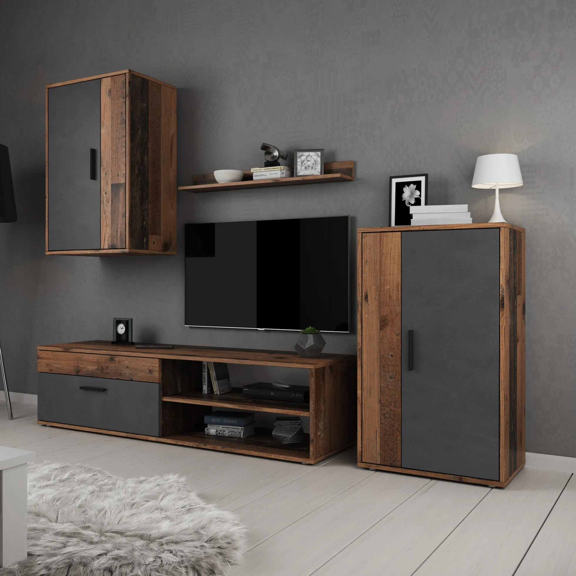 Bellini - Wandmeubel - Grijs/donker old wood - 140x35x39 cm