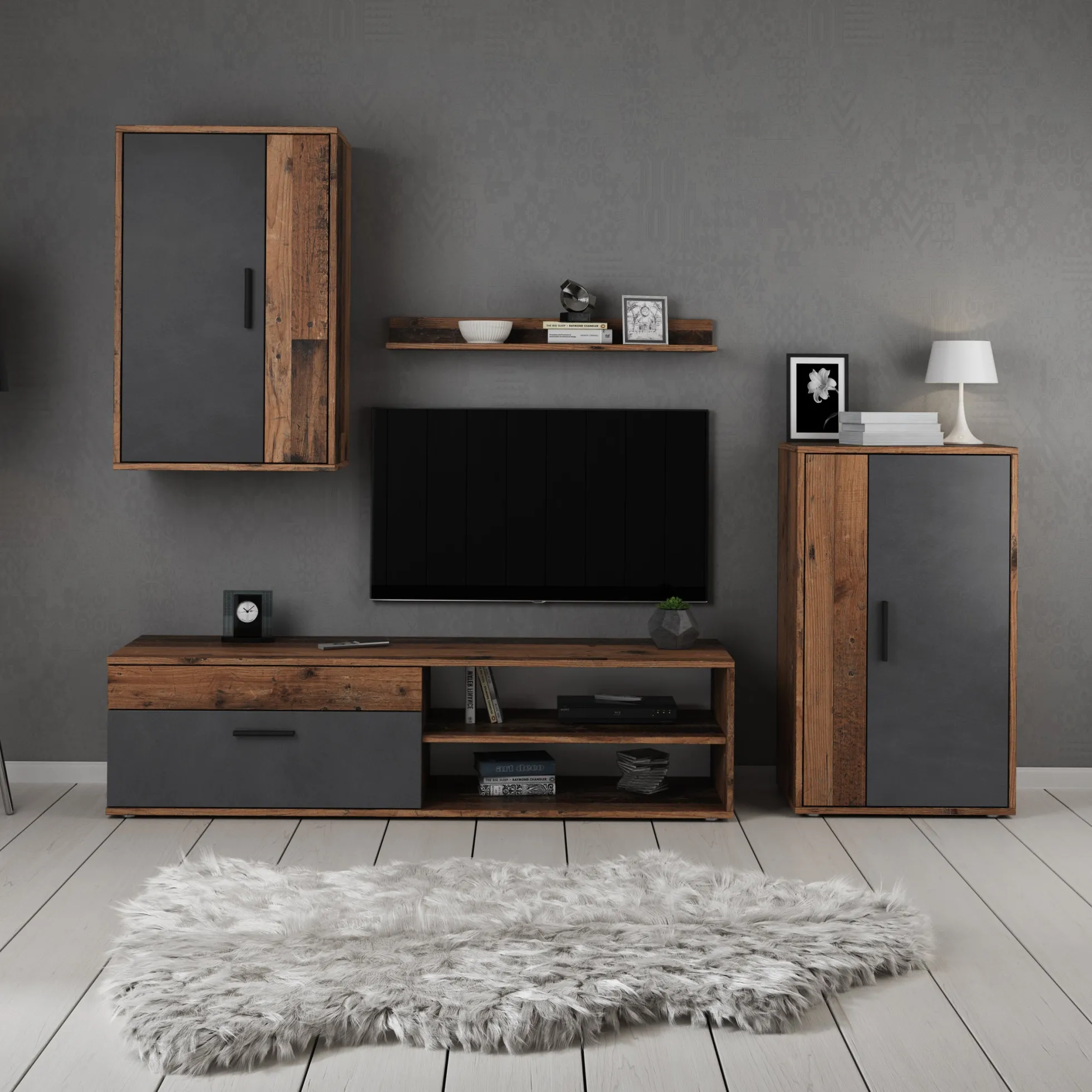 Bellini - Wandmeubel - Grijs/donker old wood - 140x35x39 cm