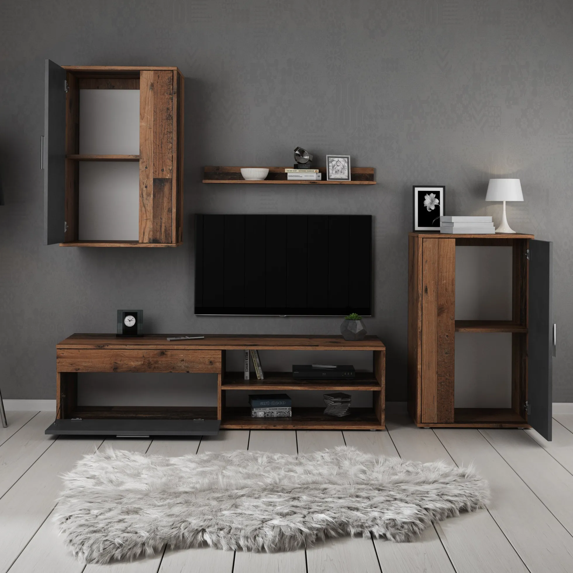 Bellini - Wandmeubel - Grijs/donker old wood - 140x35x39 cm