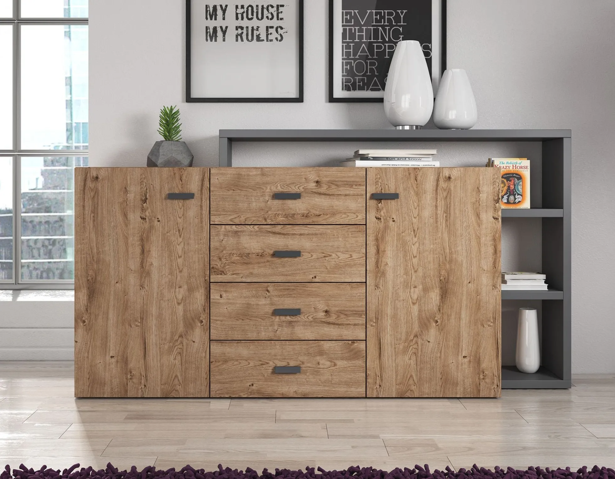 Bello - Dressoir - Eiken/antraciet - 180x38x80 cm
