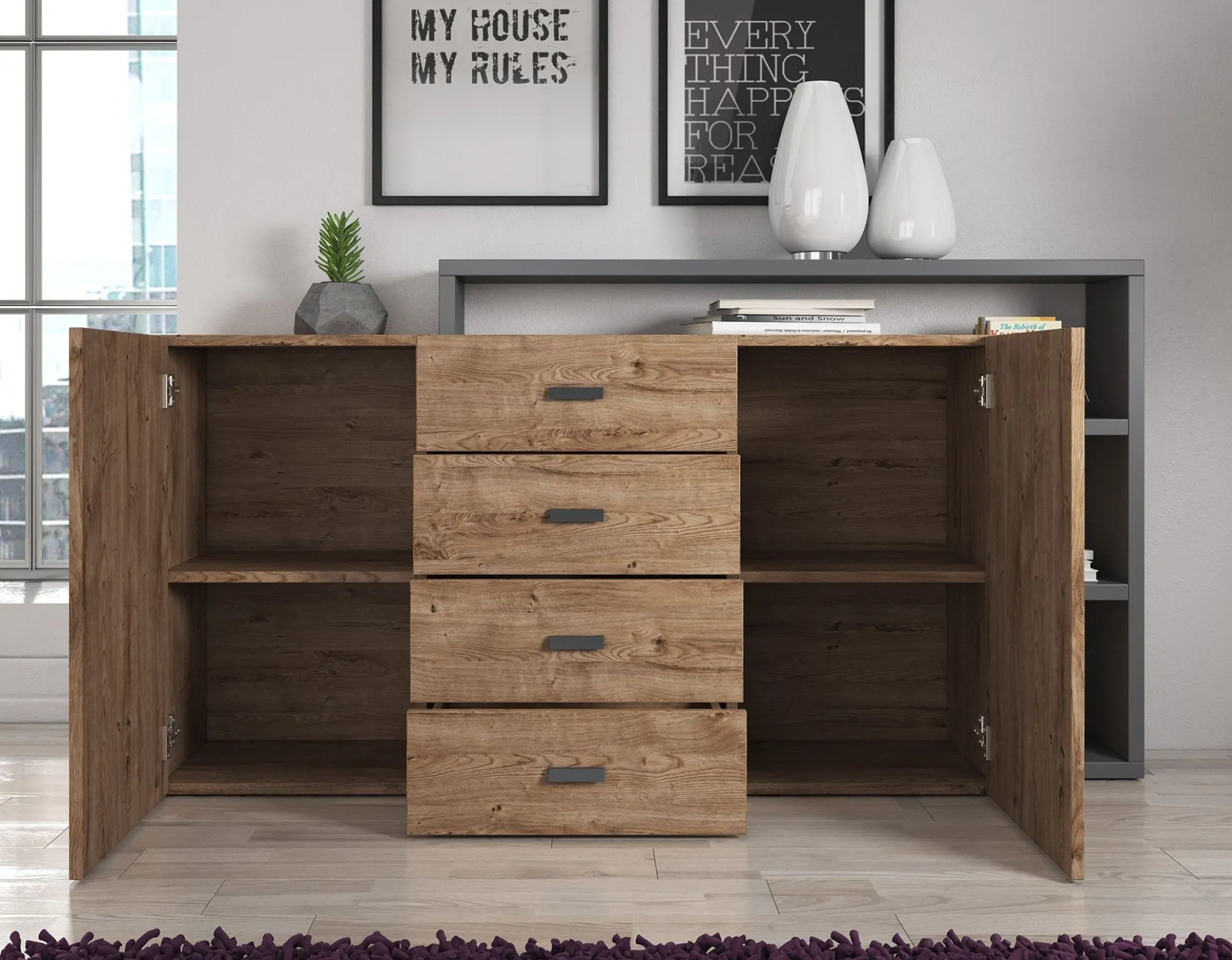 Bello - Dressoir - Eiken/antraciet - 180x38x80 cm