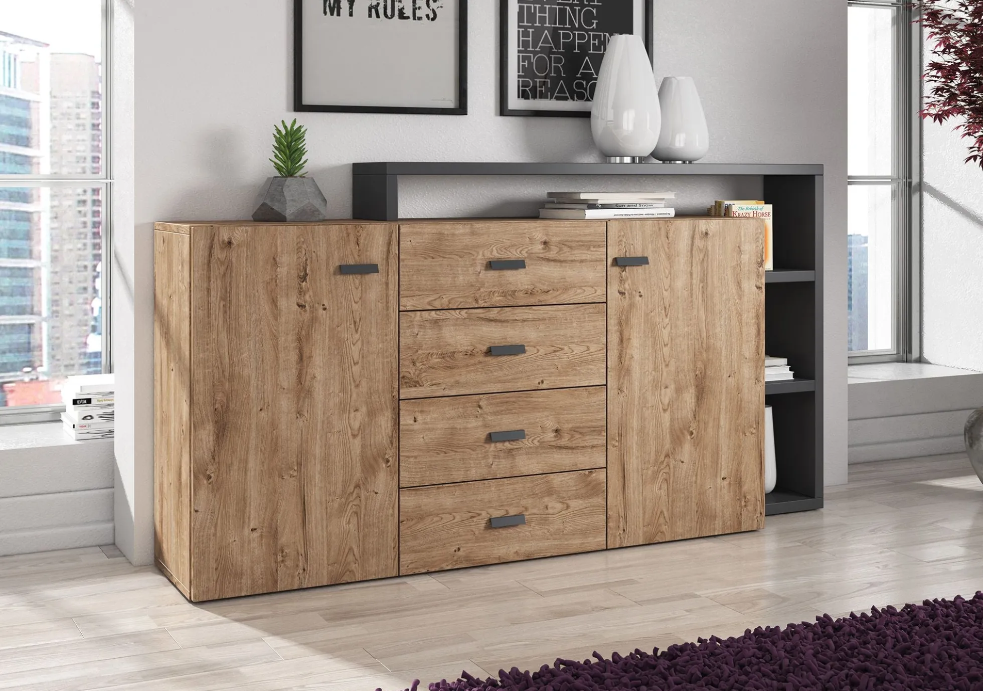 Bello - Dressoir - Eiken/antraciet - 180x38x80 cm