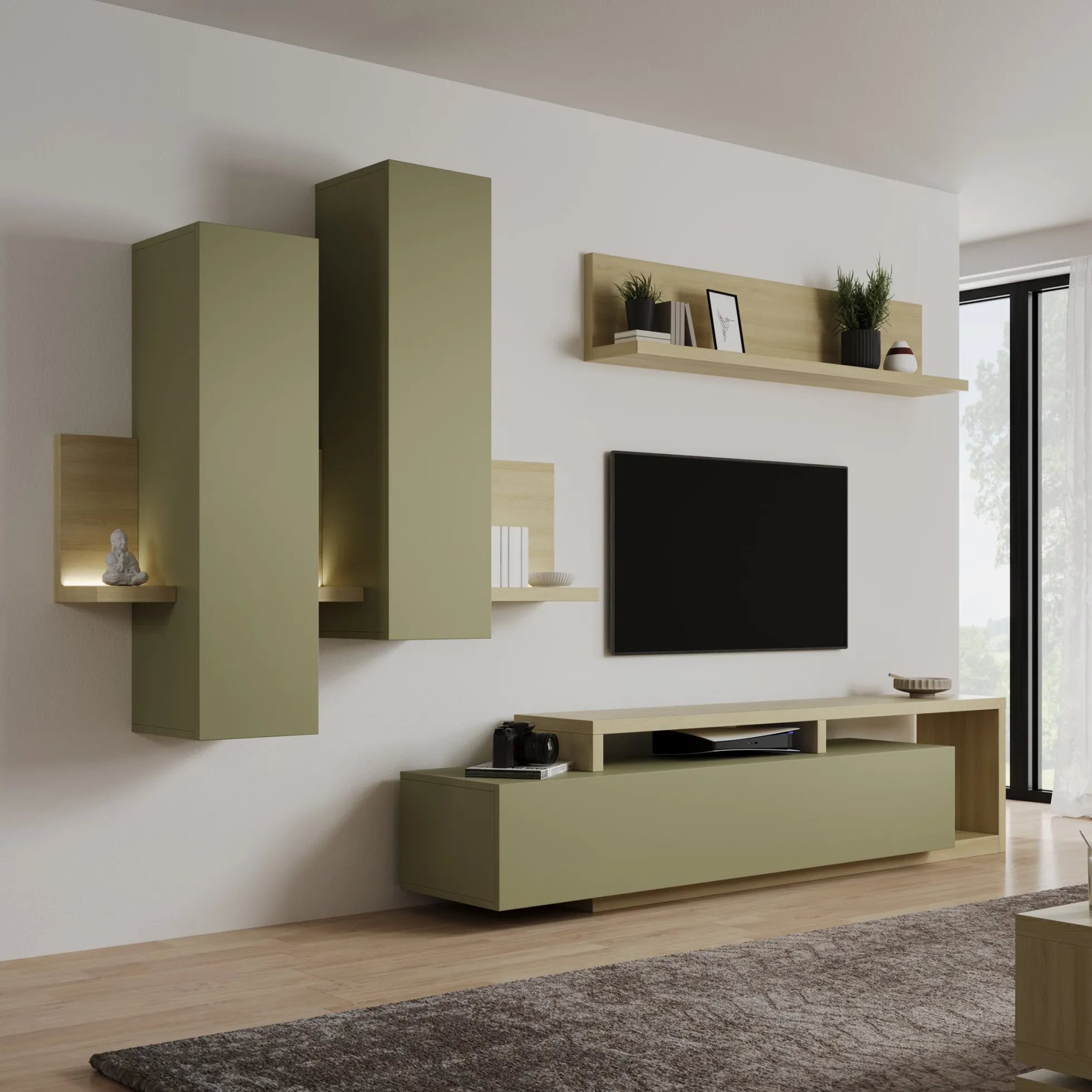 Bello - Wandmeubel - Groen/Eikenpatroon - 219x45x52 cm