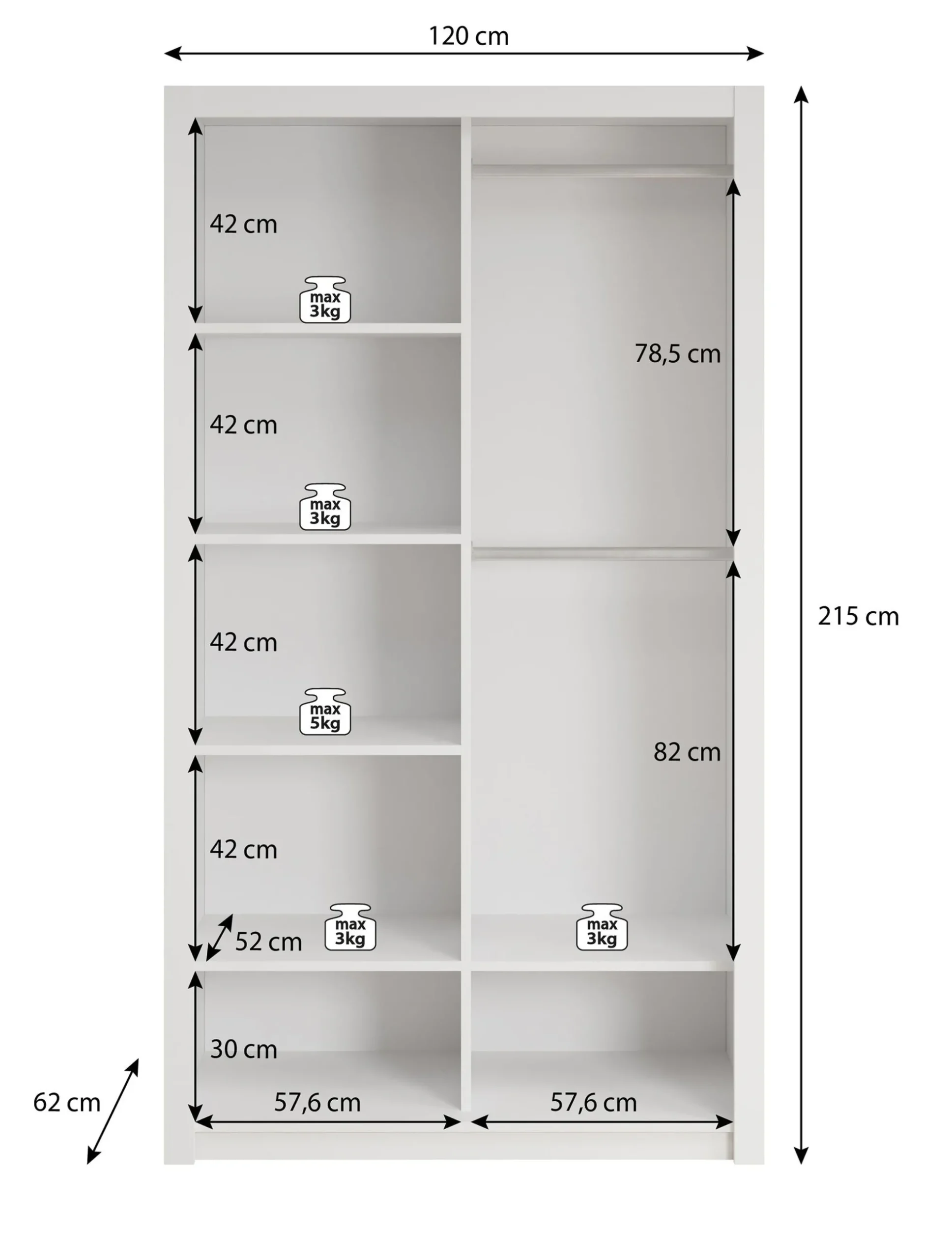 Blake - Kledingkast met spiegel - Wit - 120x62x215 cm
