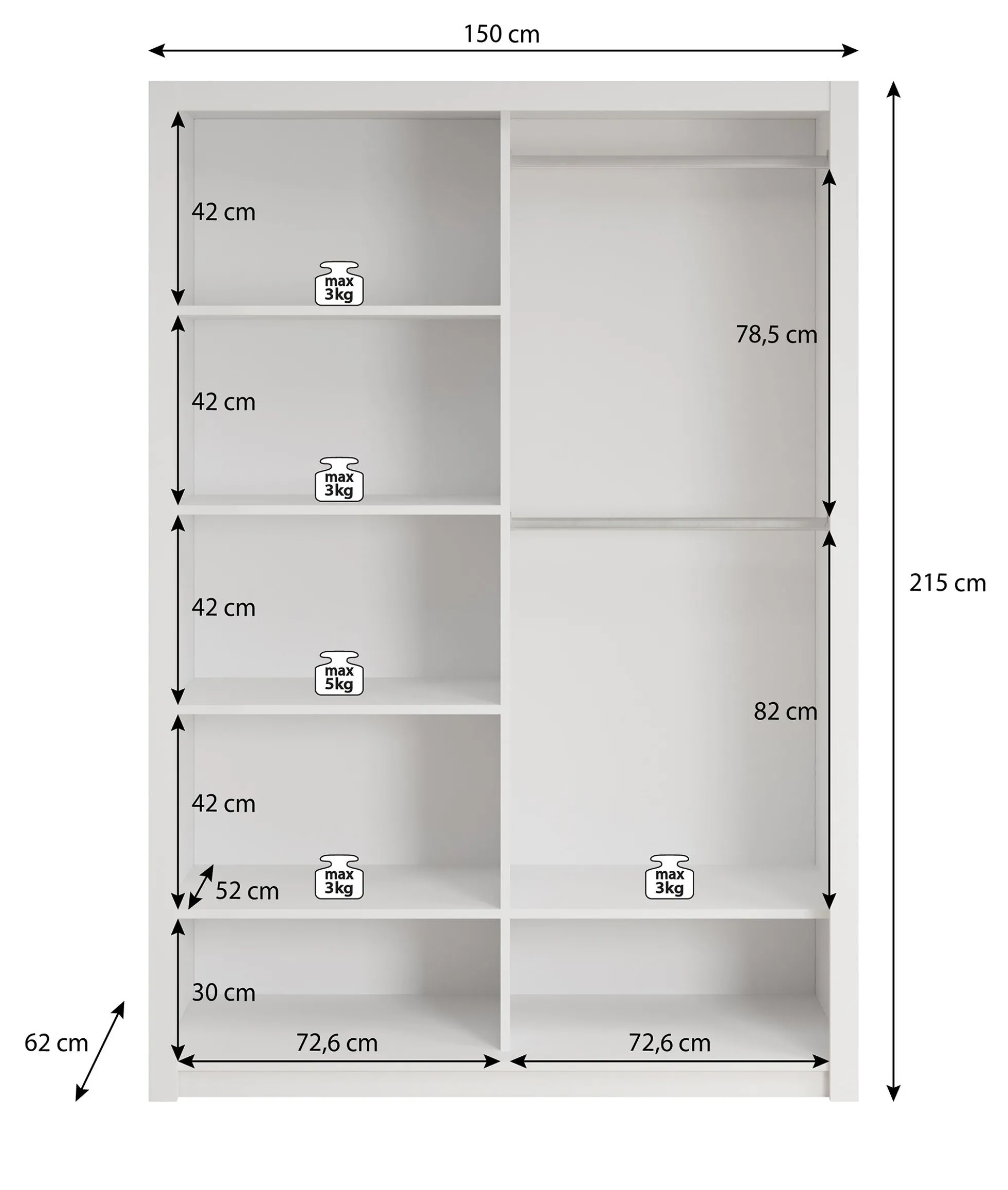 Blake - Kledingkast met spiegel - Wit - 150x62x215 cm