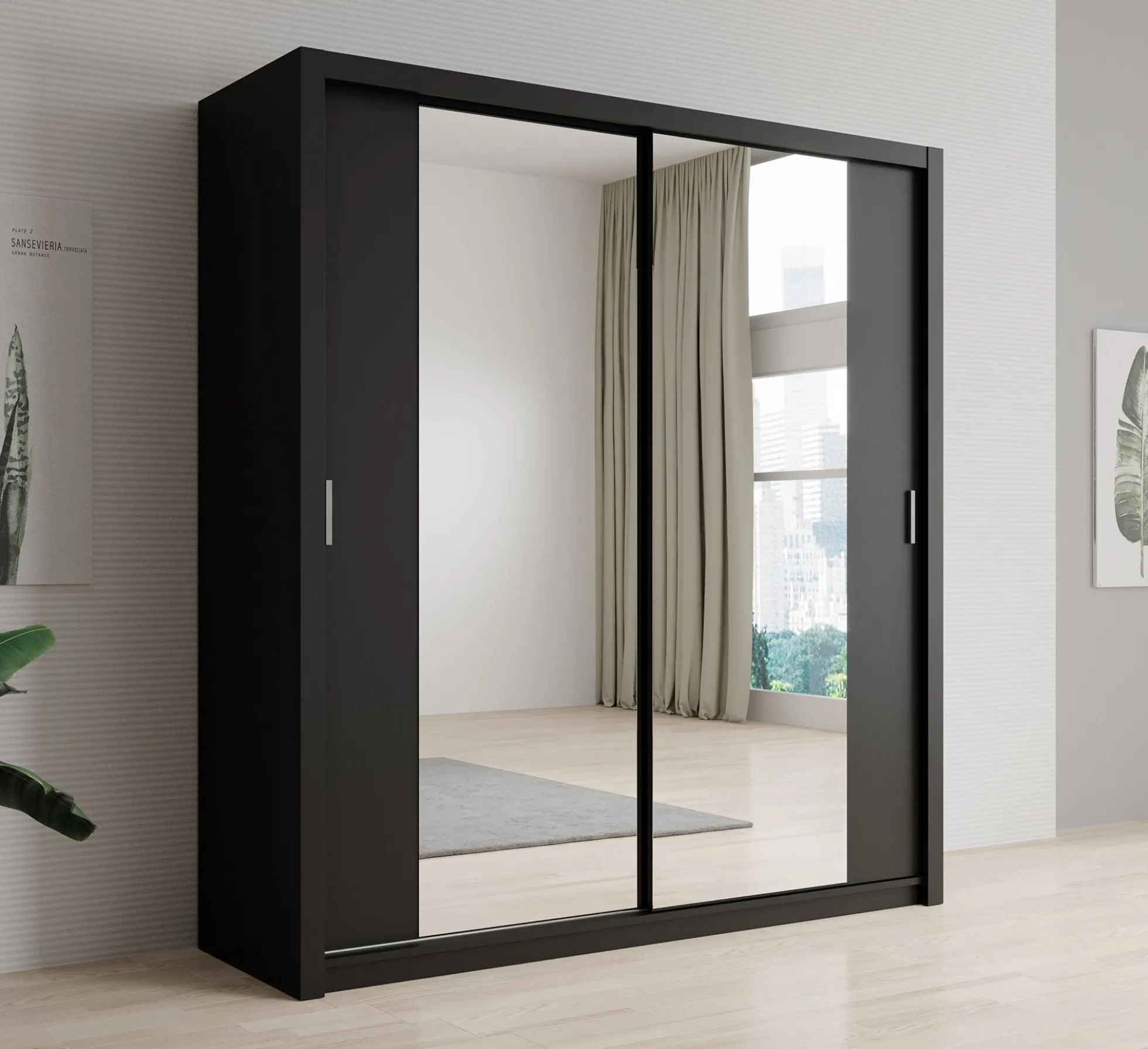 Blake - Kledingkast met spiegel - Zwart - 200x62x215 cm