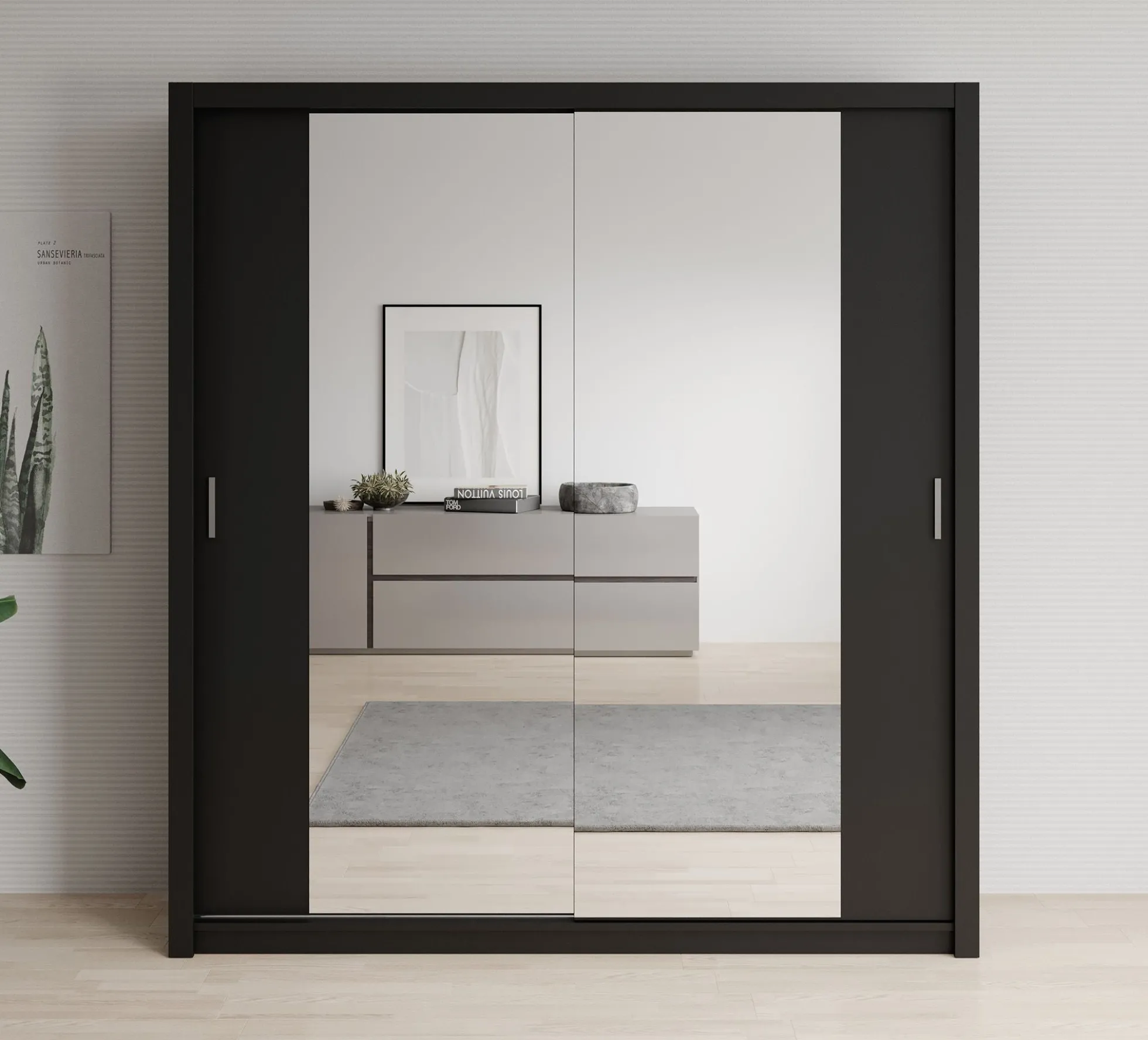 Blake - Kledingkast met spiegel - Zwart - 200x62x215 cm
