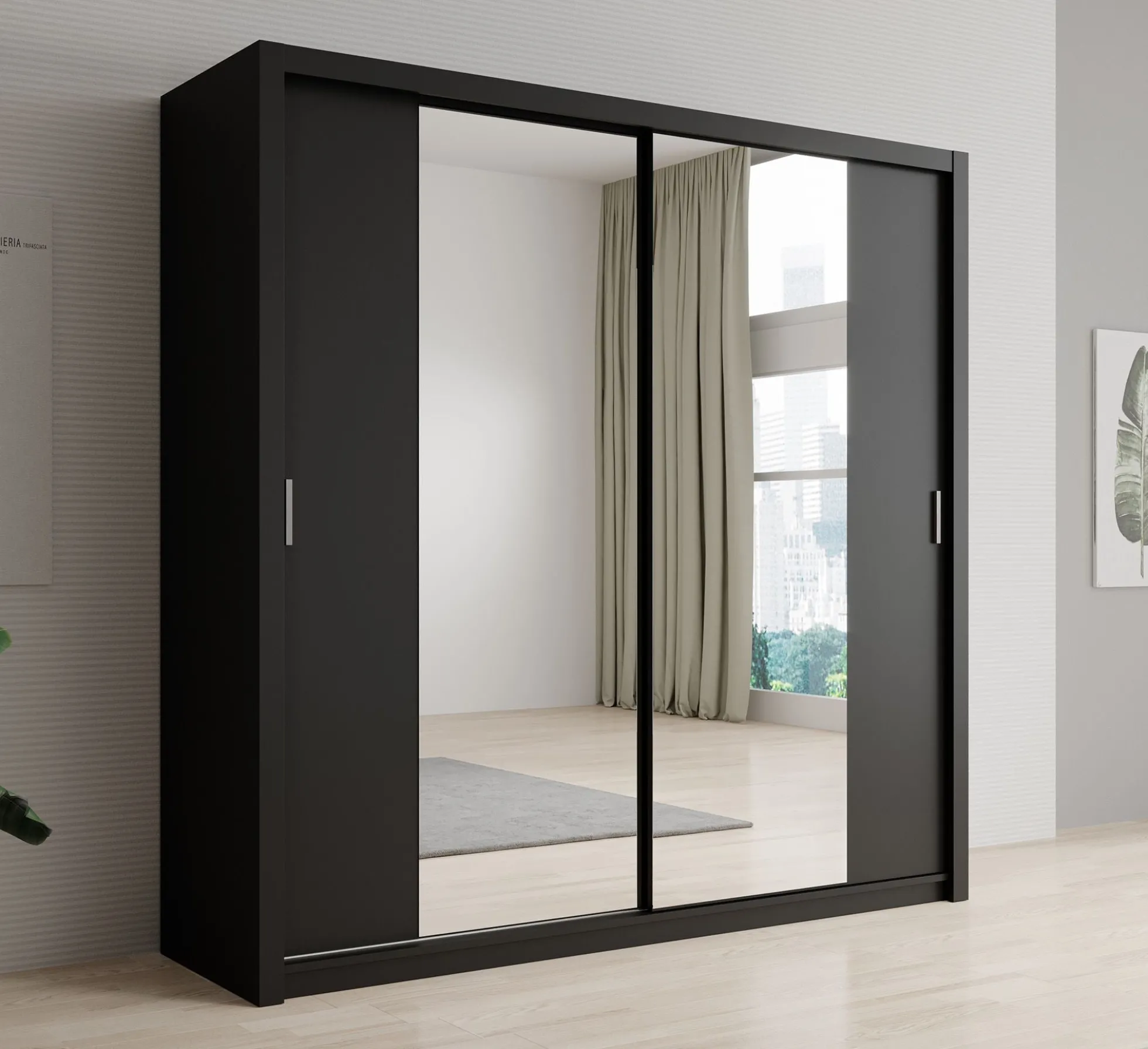 Blake - Kledingkast met spiegel - Zwart - 220x62x215 cm