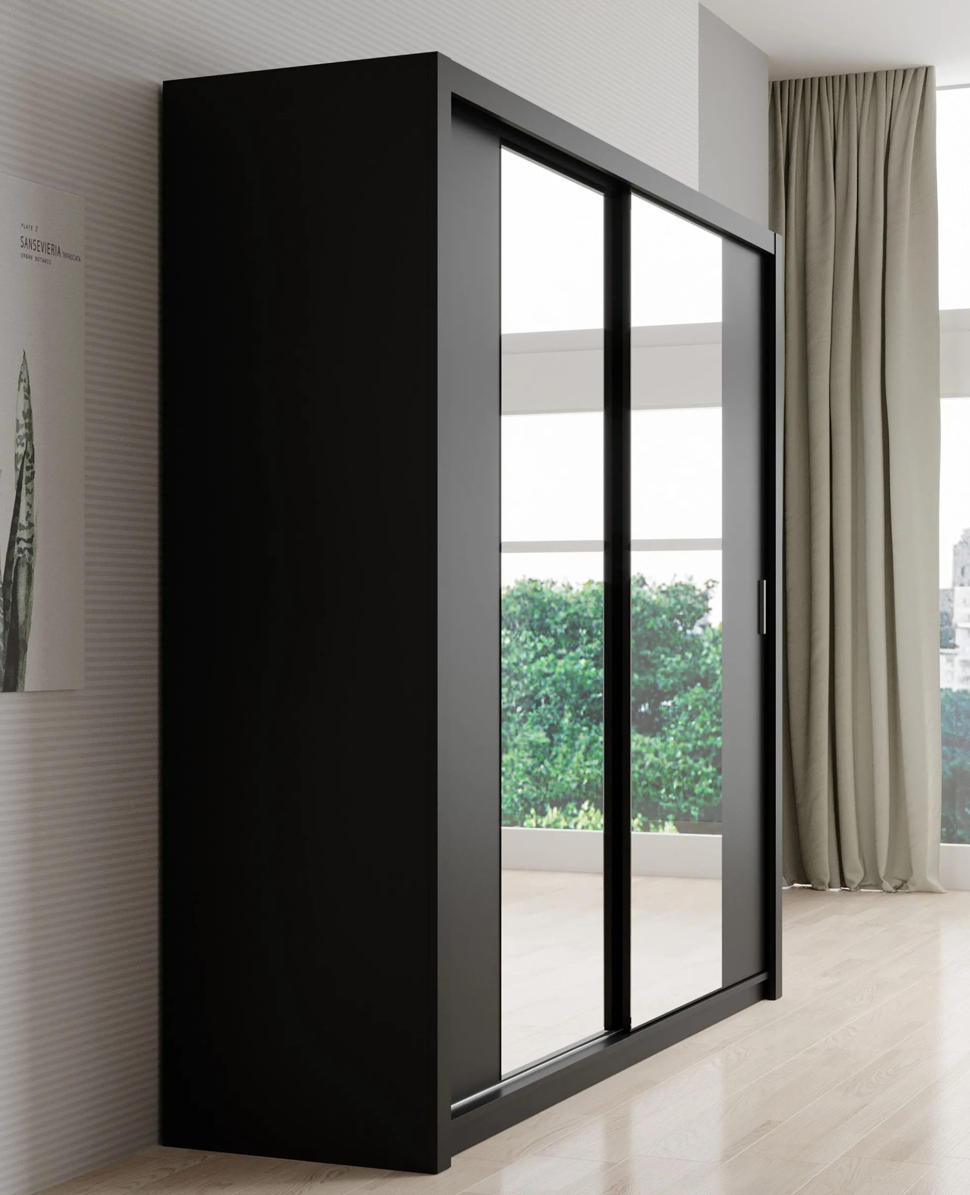 Blake - Kledingkast met spiegel - Zwart - 220x62x215 cm