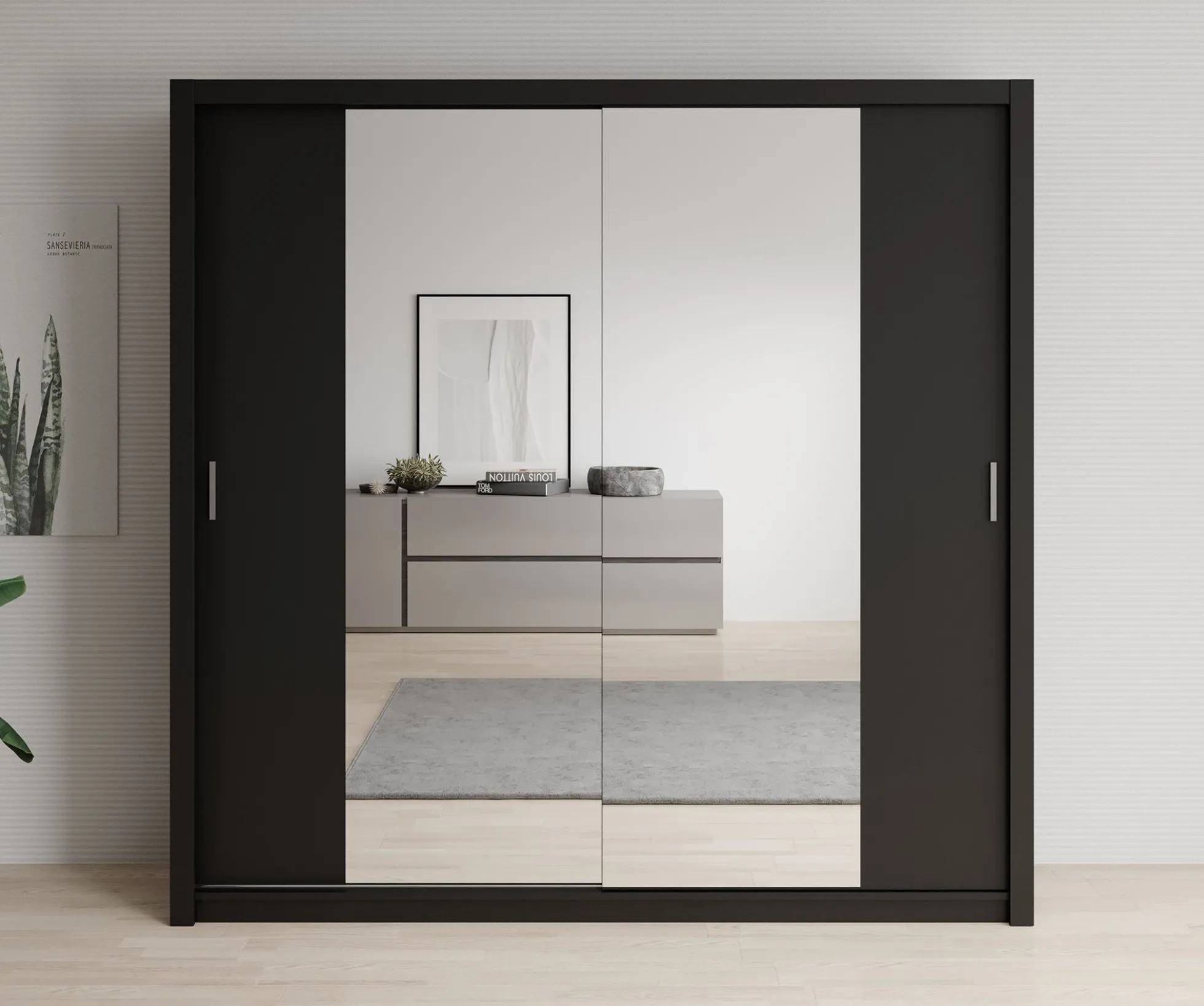 Blake - Kledingkast met spiegel - Zwart - 220x62x215 cm
