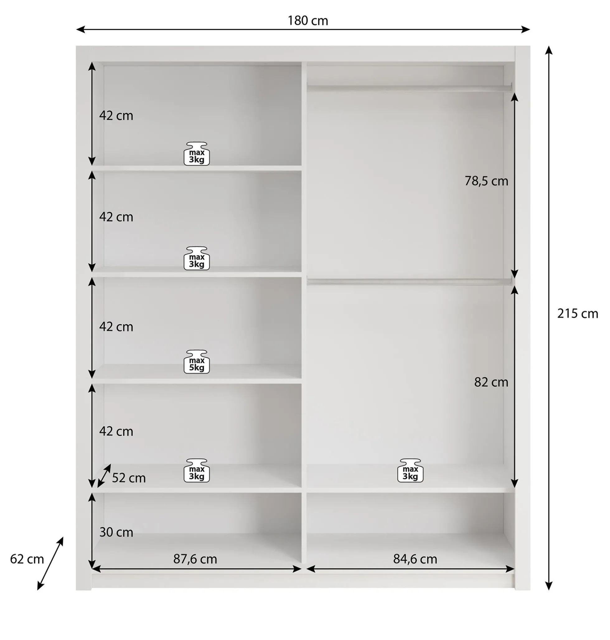Blake - Kledingkast met spiegel - Wit - 180x62x215 cm