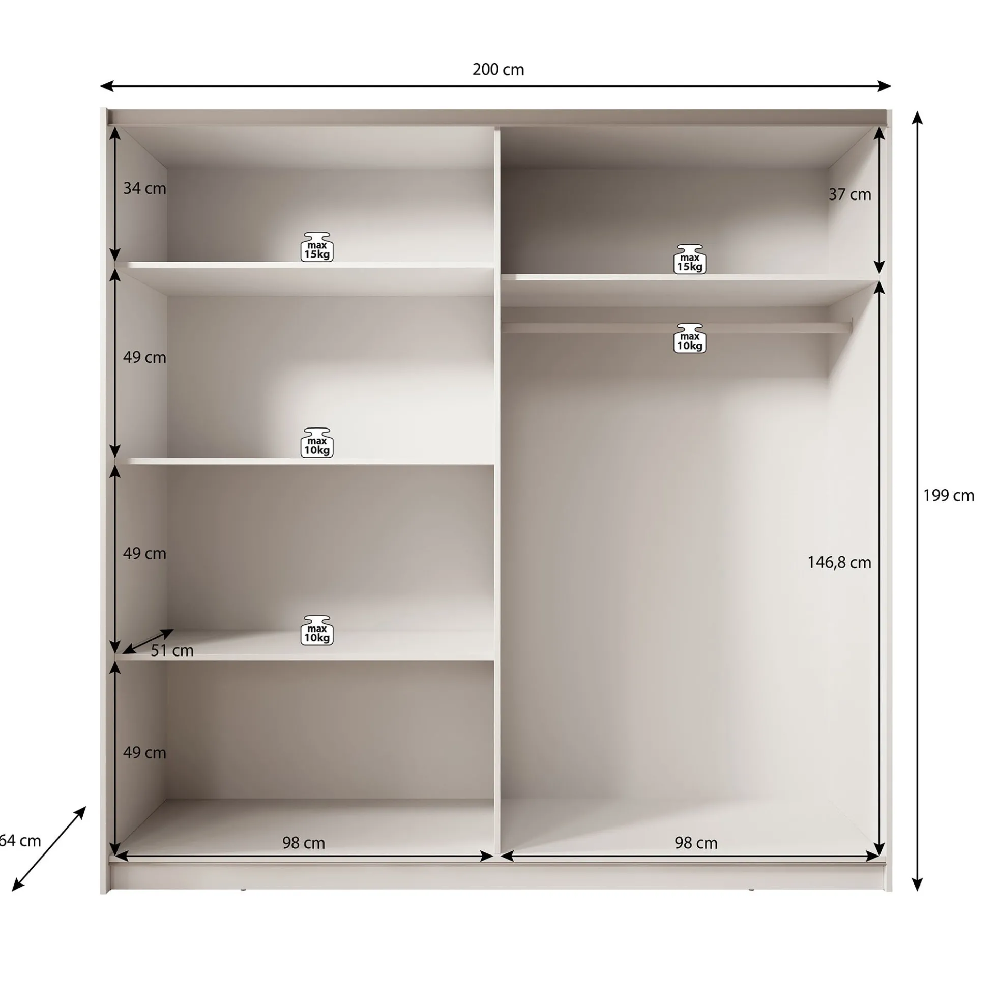 Boets - Kledingkast met schuifdeuren - Wit/eiken - 200x64x199 cm