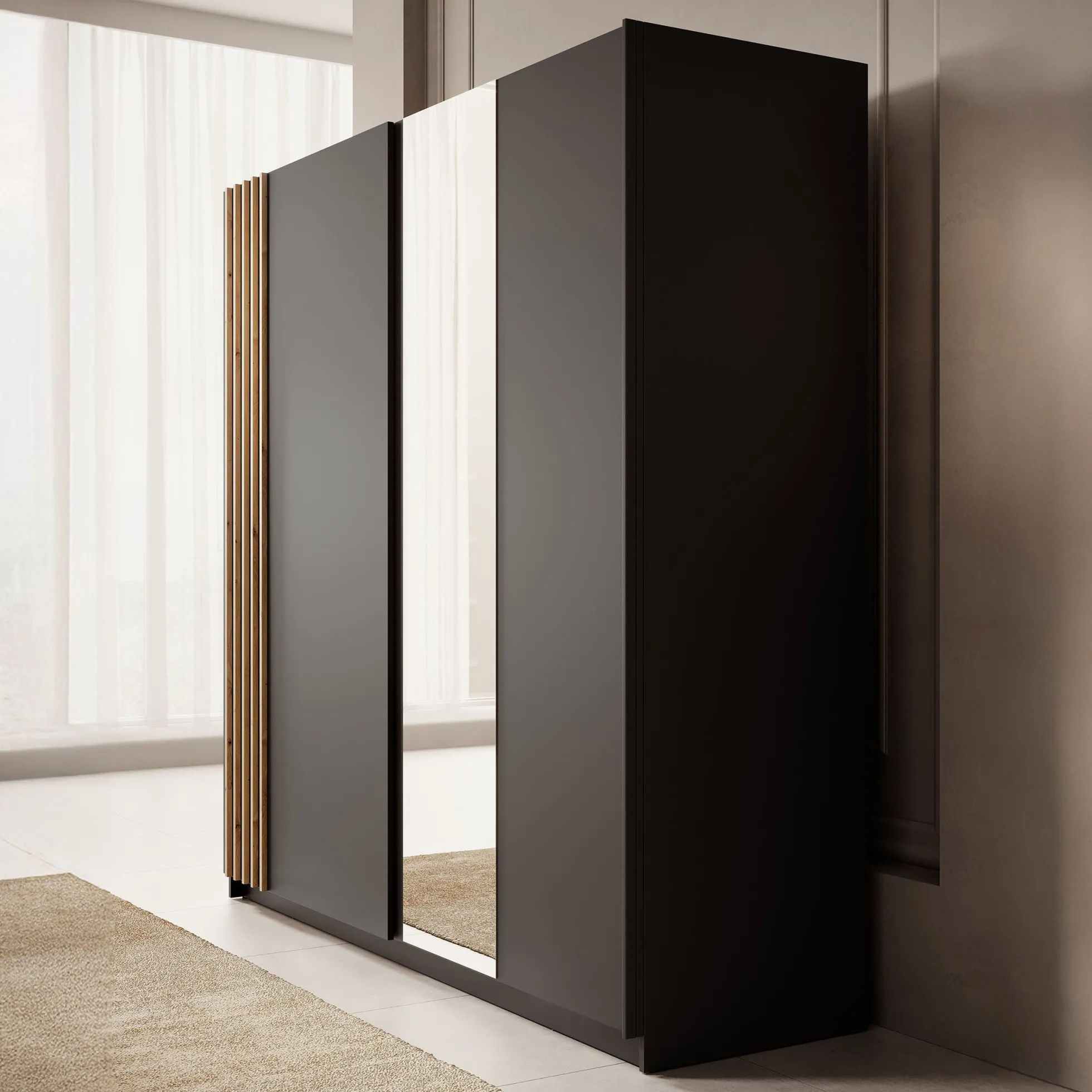 Boets - Kledingkast met schuifdeuren - Zwart/eiken - 200x64x199 cm