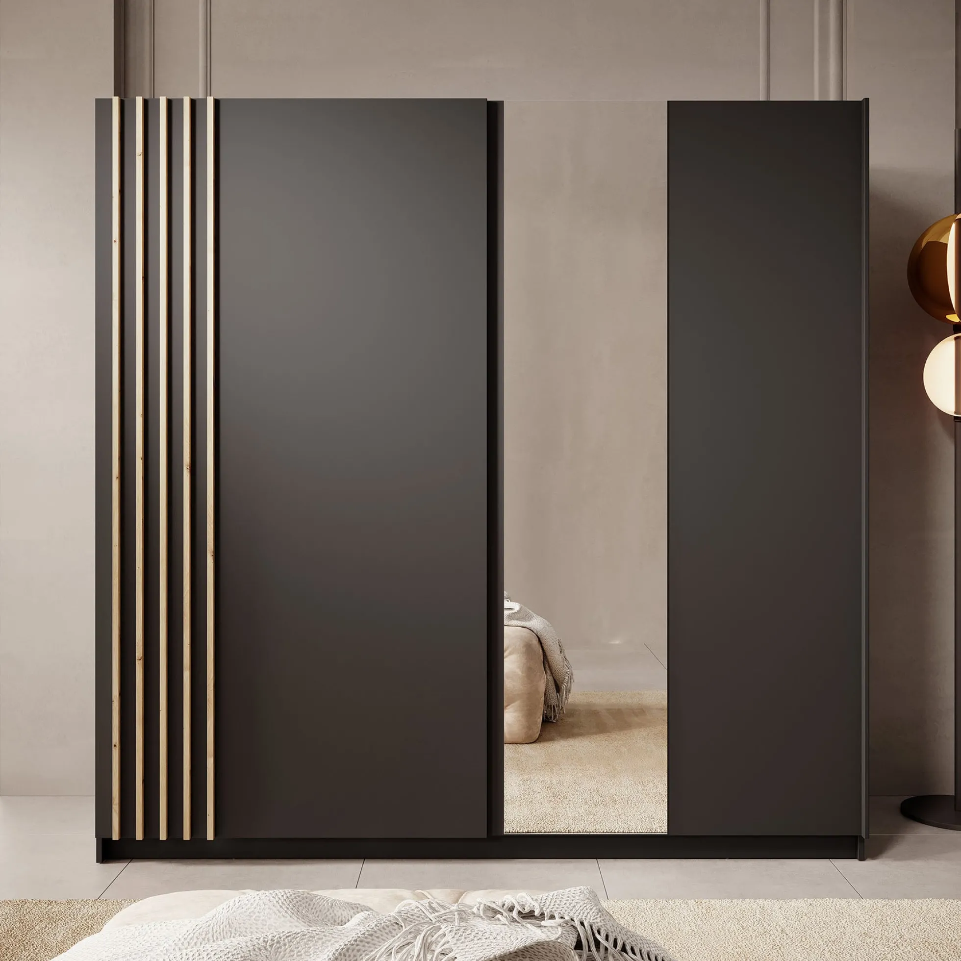 Boets - Kledingkast met schuifdeuren - Zwart/eiken - 200x64x199 cm