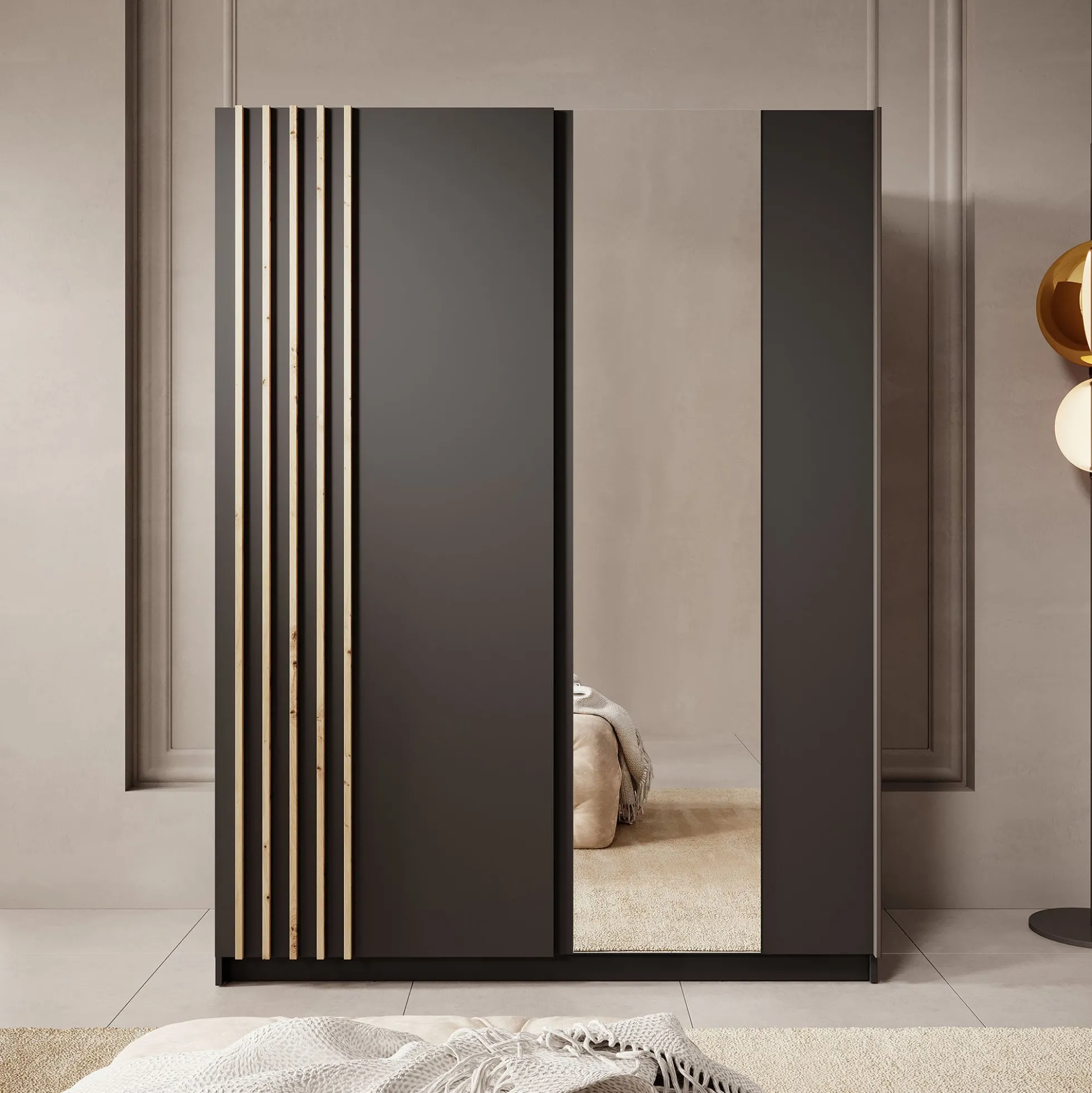 Boets - Kledingkast met schuifdeuren - Zwart/eiken - 150x64x199 cm