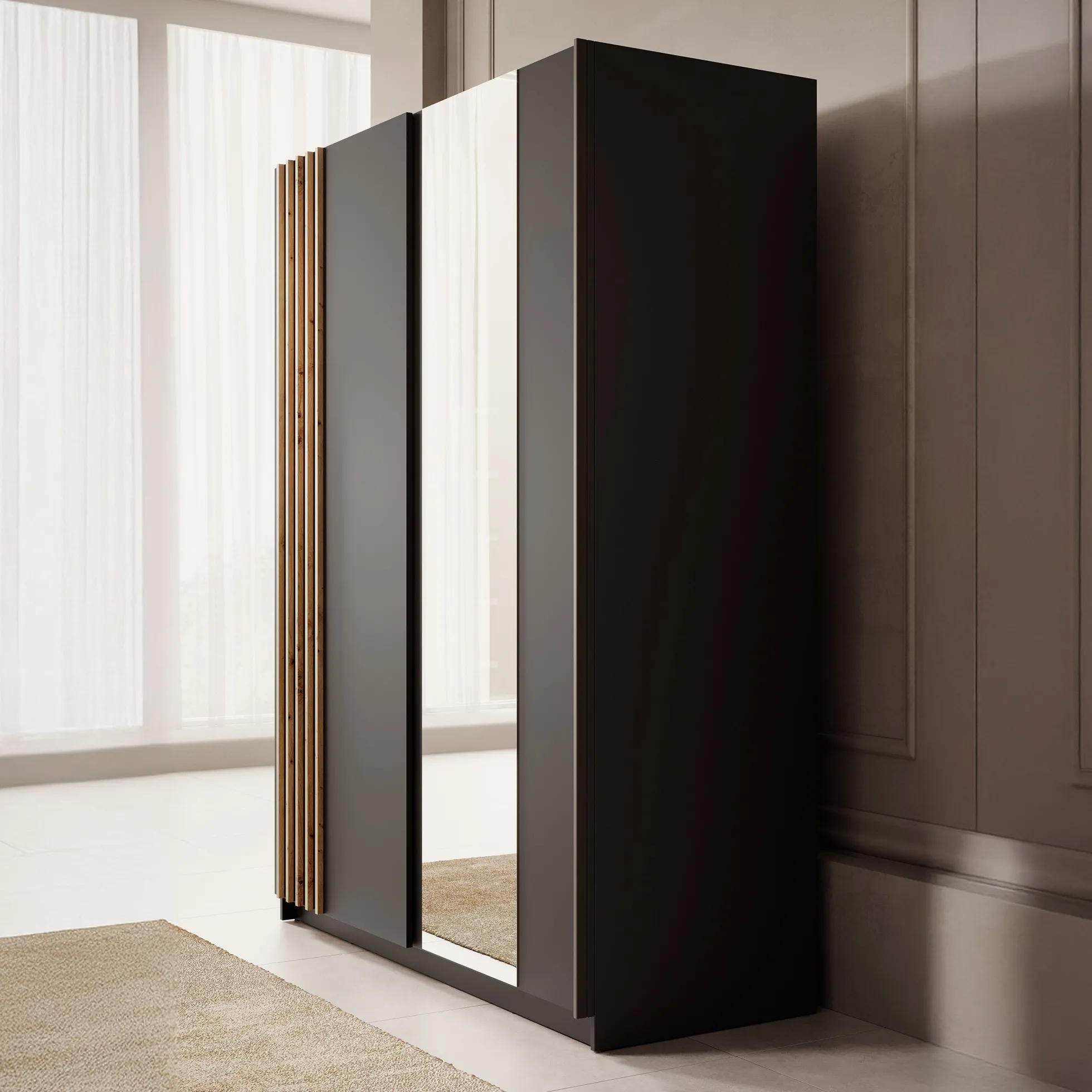 Boets - Kledingkast met schuifdeuren - Zwart/eiken - 150x64x199 cm