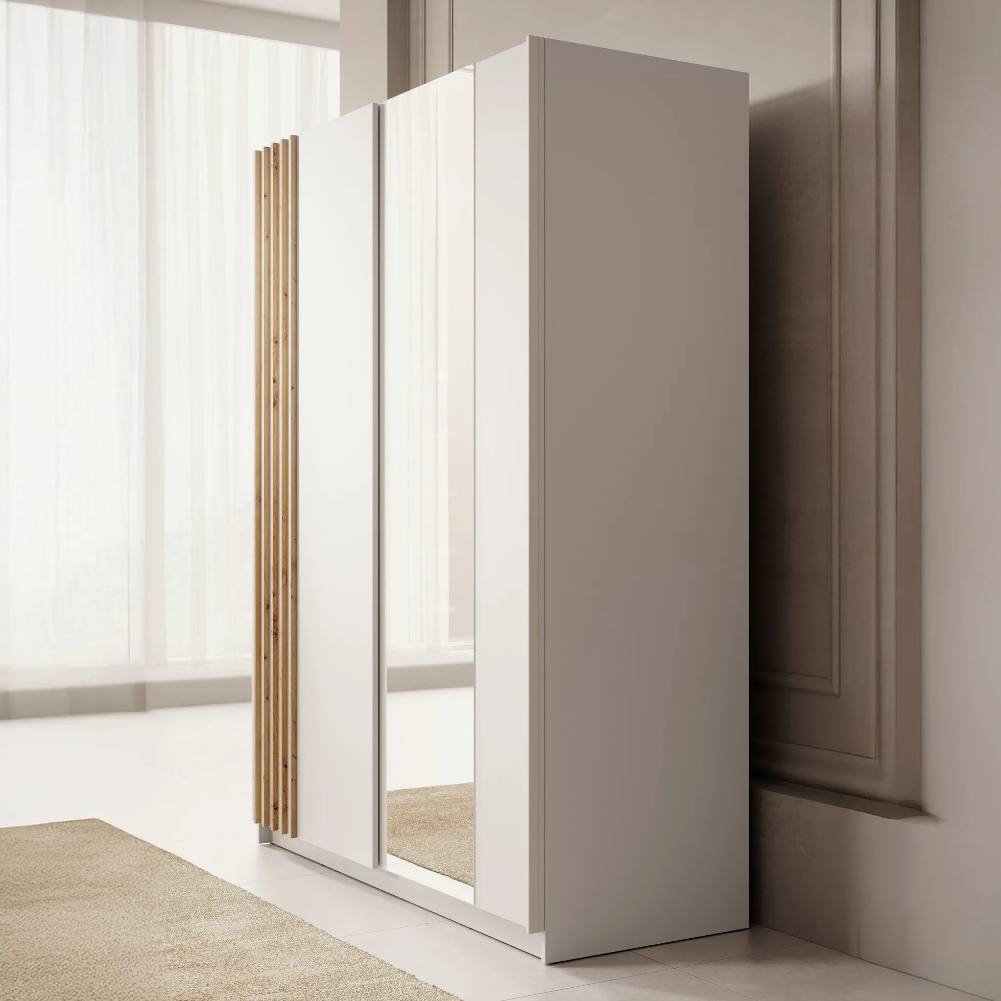 Boets - Kledingkast met schuifdeuren - Wit/eiken - 150x64x199 cm