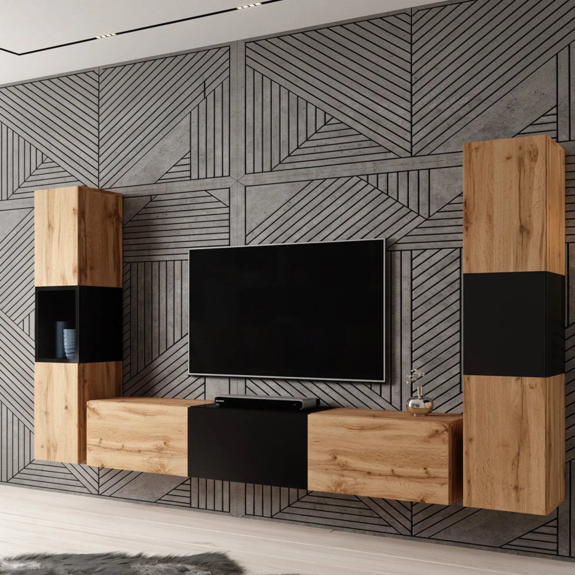 Bonzo 3 - Wandmeubel - Eiken/zwart - 180x33x30 cm