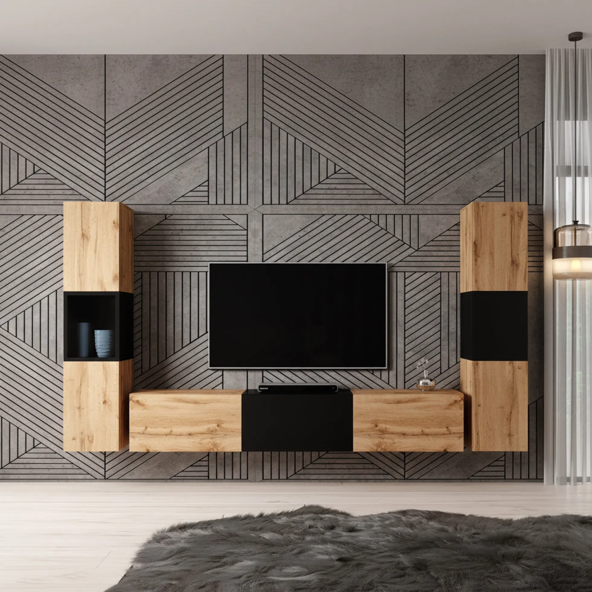 Bonzo 3 - Wandmeubel - Eiken/zwart - 180x33x30 cm