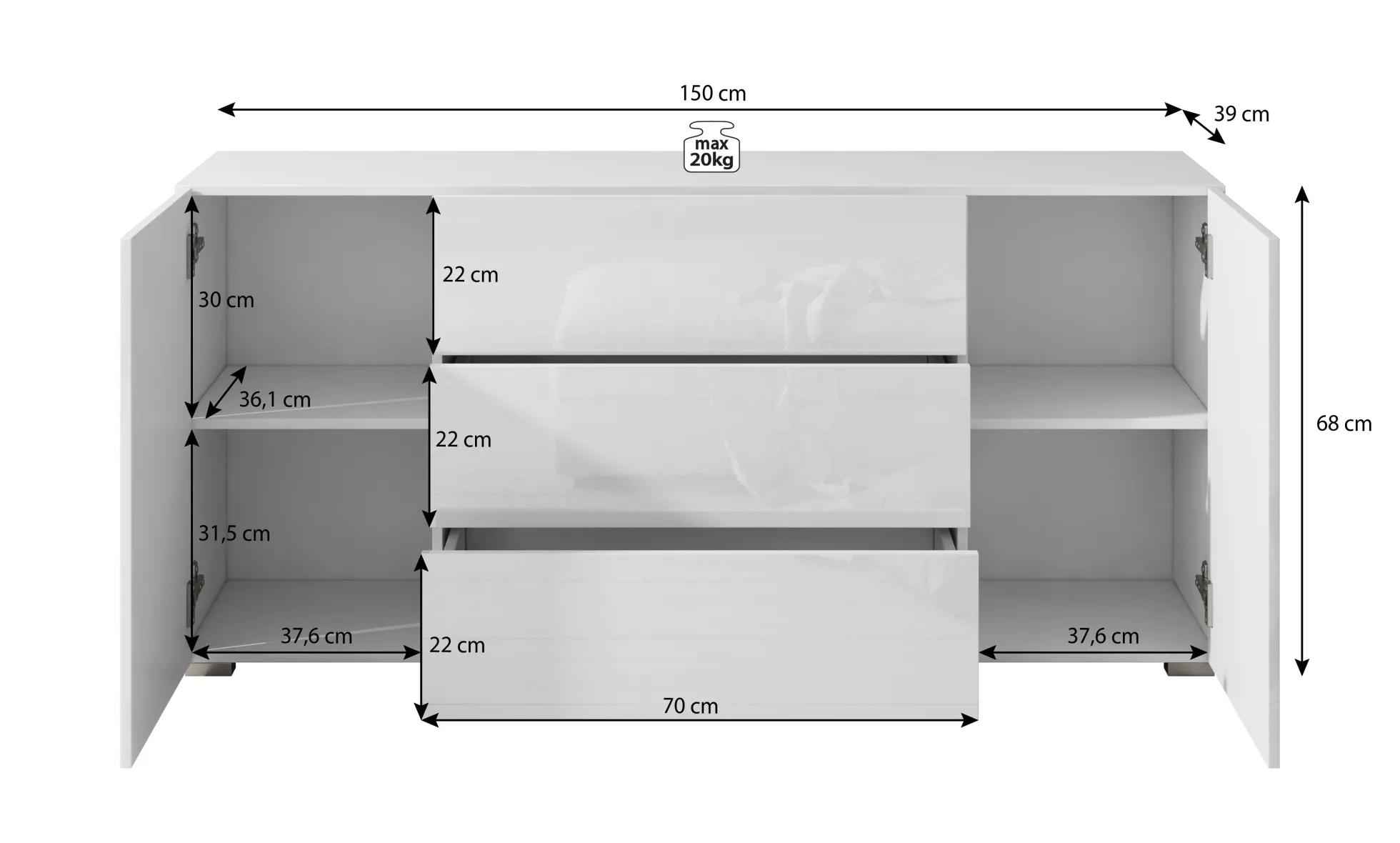 Bonzo - Dressoir - Zwart - 150x39x68 cm